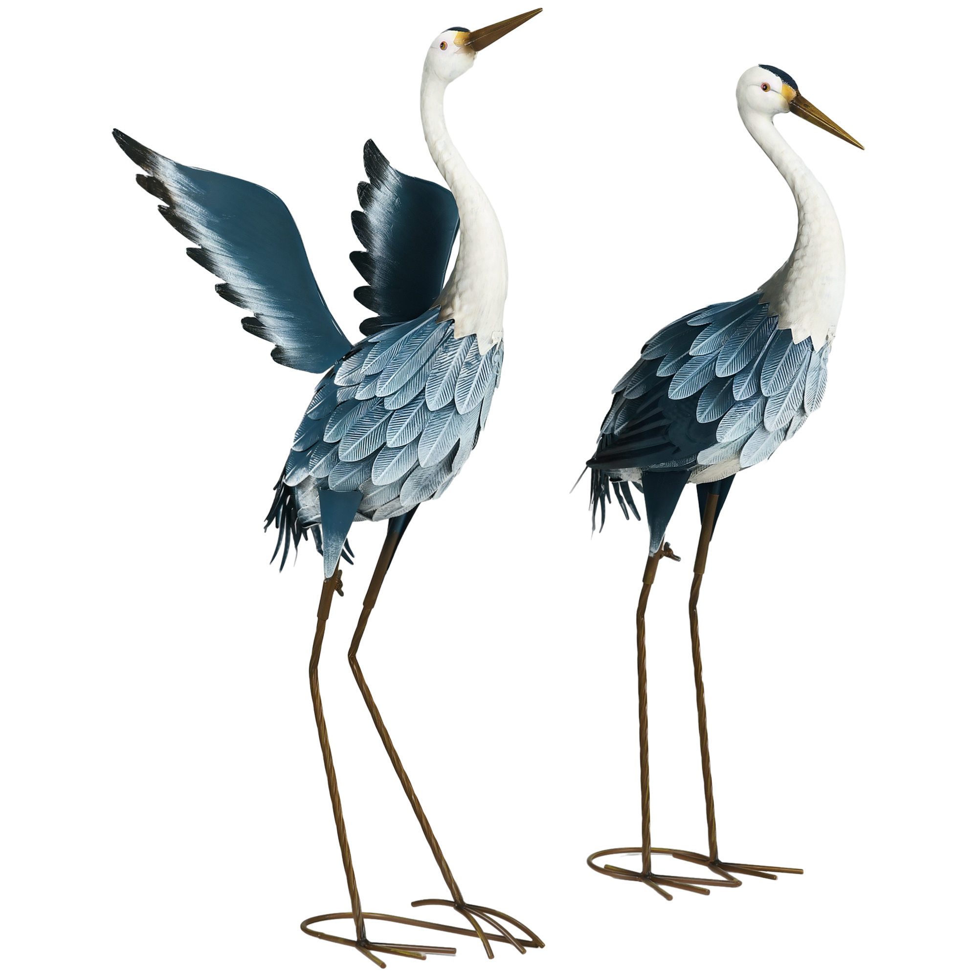 Image of Outsunny Set Of 2 Outdoor Garden Statues, Heron Sculpture In Steel, Weather-resistant Exterior Decoration For Pond, Patio, Terrace, Lawn, 74/70cm Multicolored