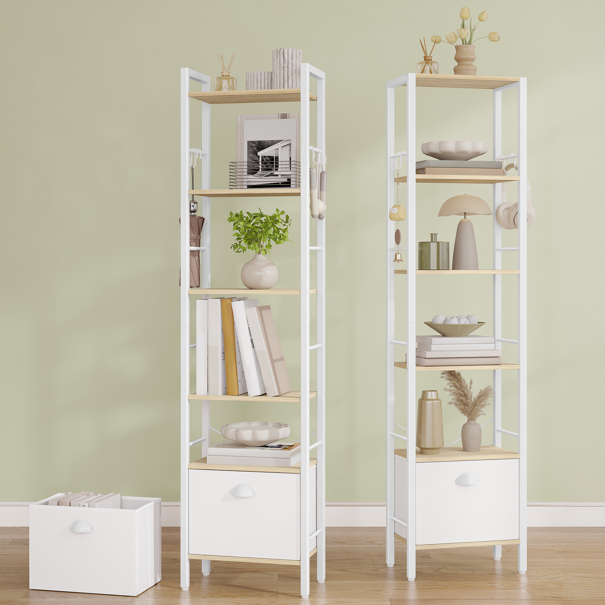 TEMU Librería de 6 Niveles, con 1 Cajones de Tela Plegables, Estantería , 24 x 40 x 173 cm, Estilo Industrial, para Estudio, Salón, Dormitorio, Color