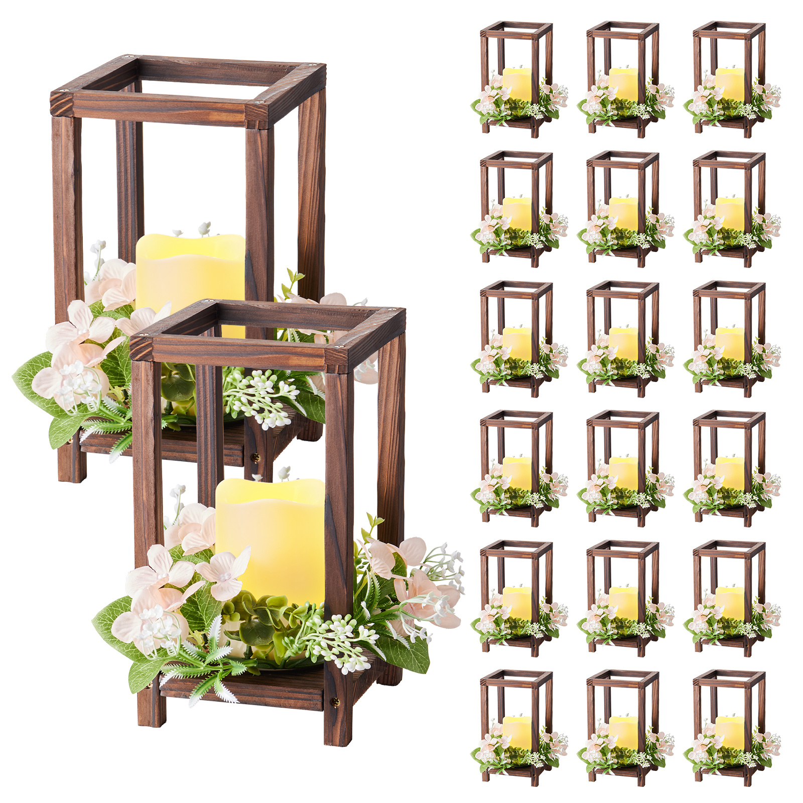 Image of Vevor 20 Set/60 Pcs Wooden Wedding Lantern Centerpiece, Includes 20 Wooden Lantern Candle Holder 20 Flameless Led Candle 20 Flower Wreath For Wedding Table Party Farmhouse Decor, Brown