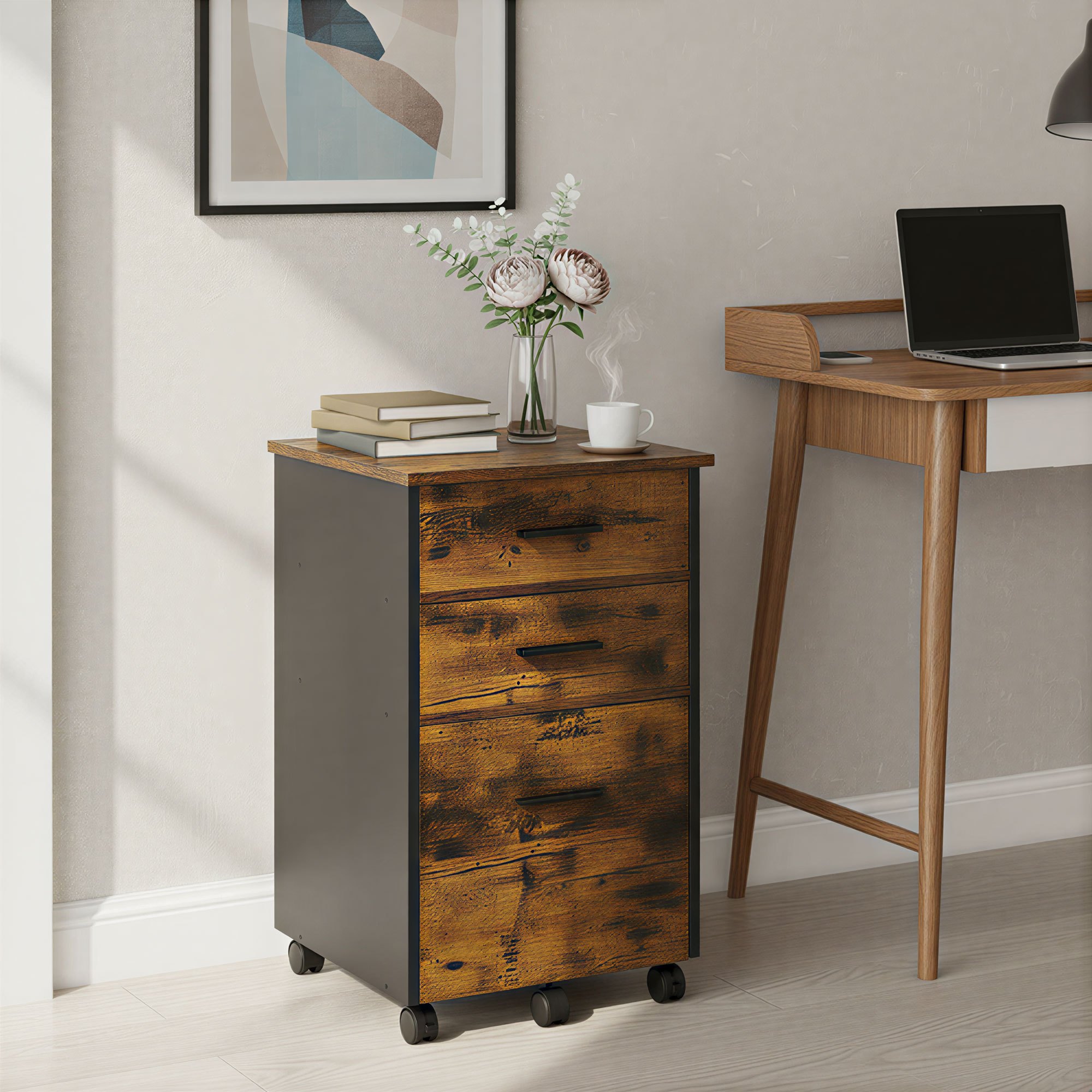 Filing Cabinet With Casters, 3 Drawers, Roller Container, Office, Black-brown