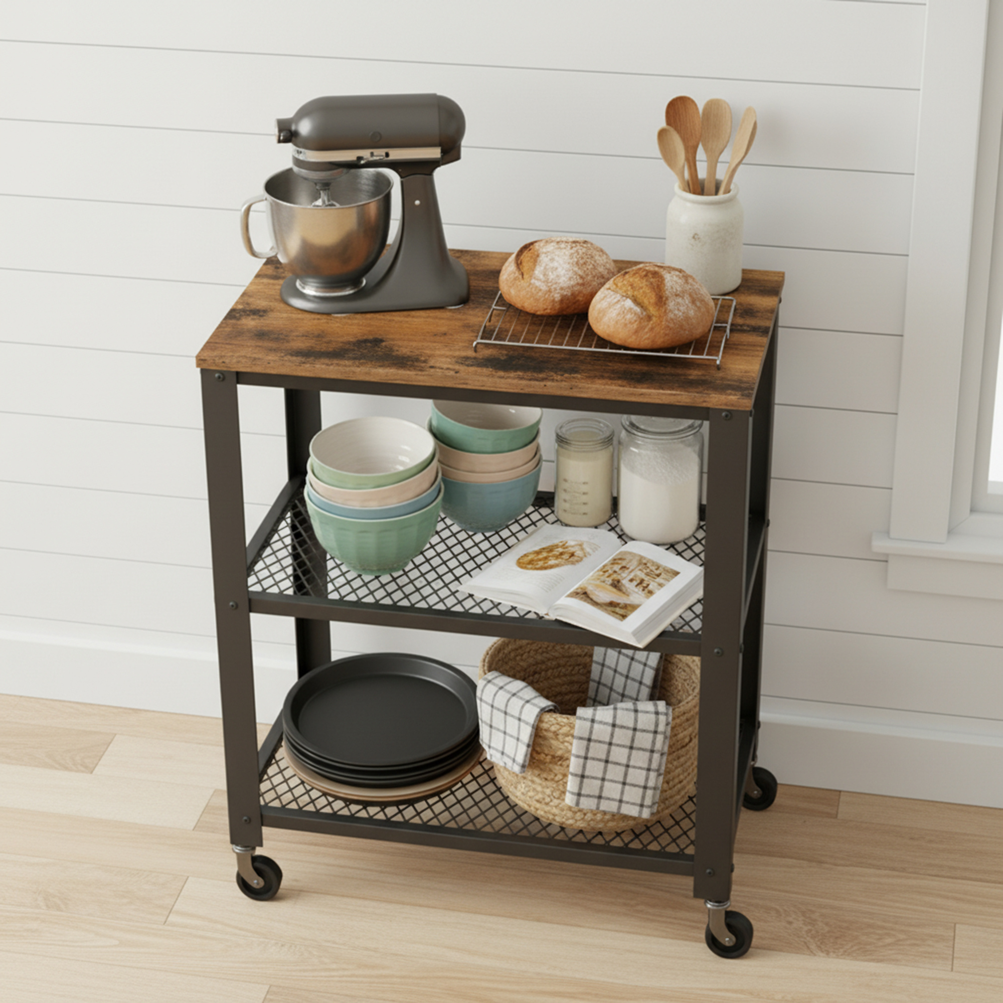 Image of Service Cart With 3 Levels, Trolley, Storage Shelf, Wooden Plate, Wheels, For Kitchen And Living Room