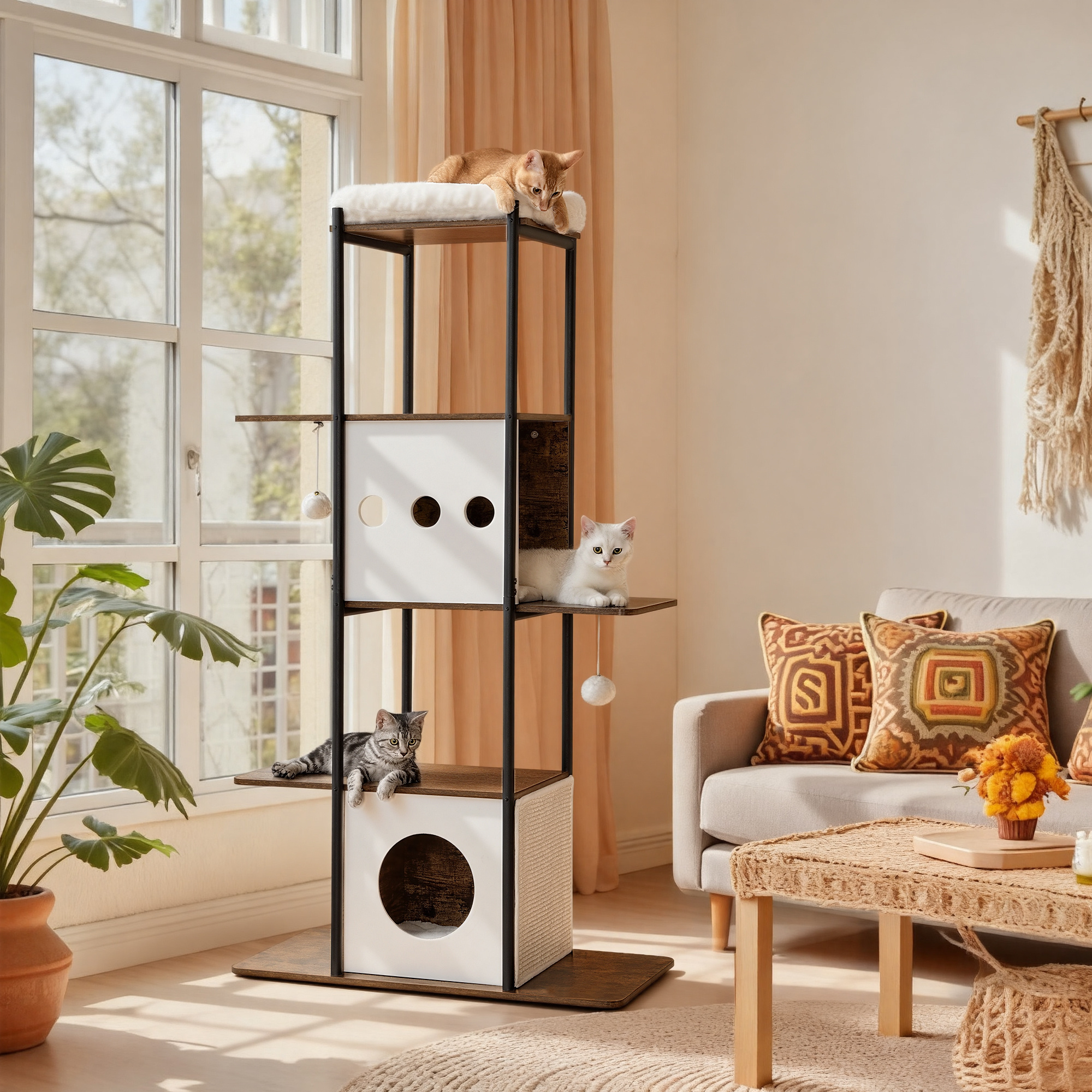 Scratching Post, 153 Cm Tall, Cat Tower, , With Scratching Mat And Platform