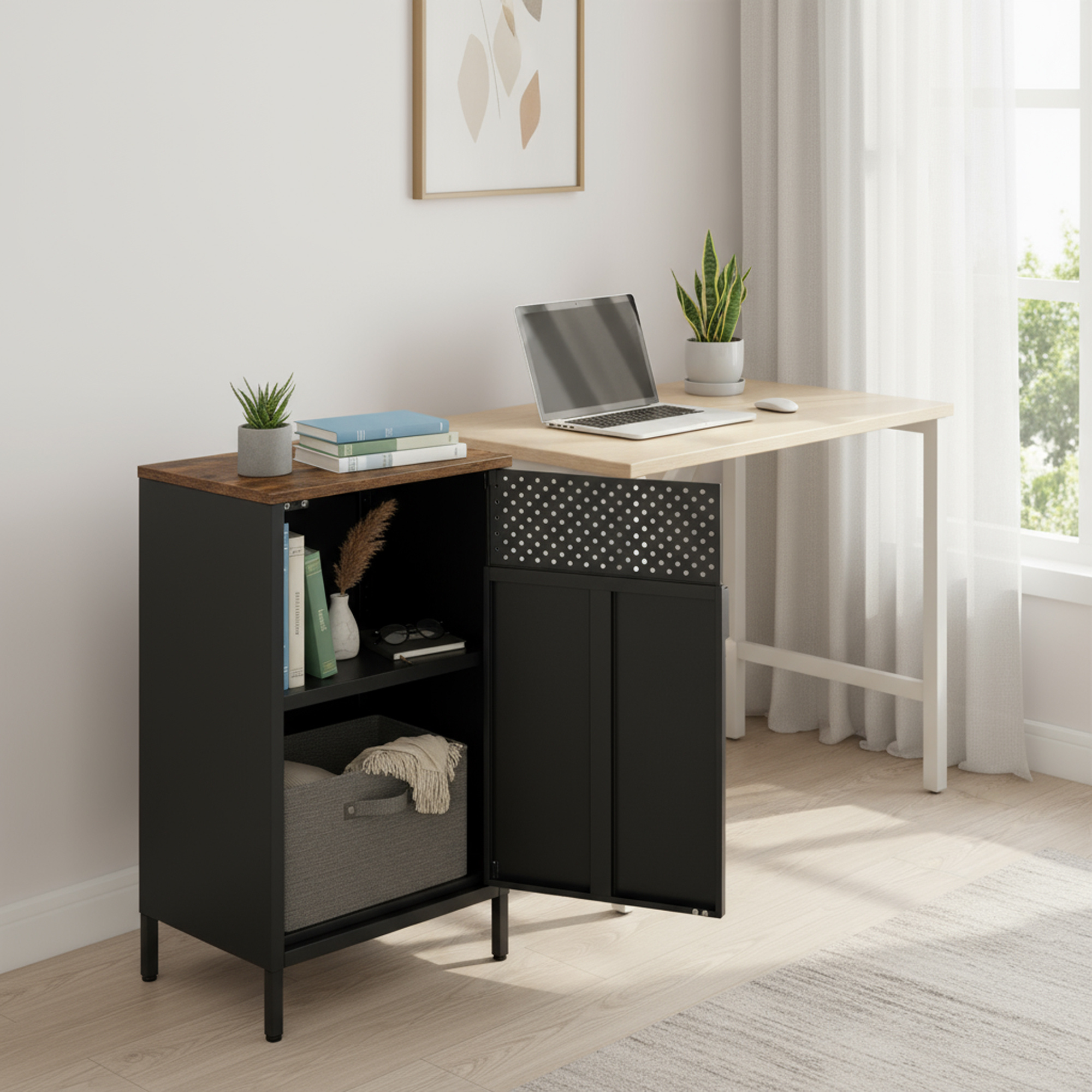 Metal Cabinet, Storage Cabinet For Office, Magnetic Closure, Double Door, , Brown-black