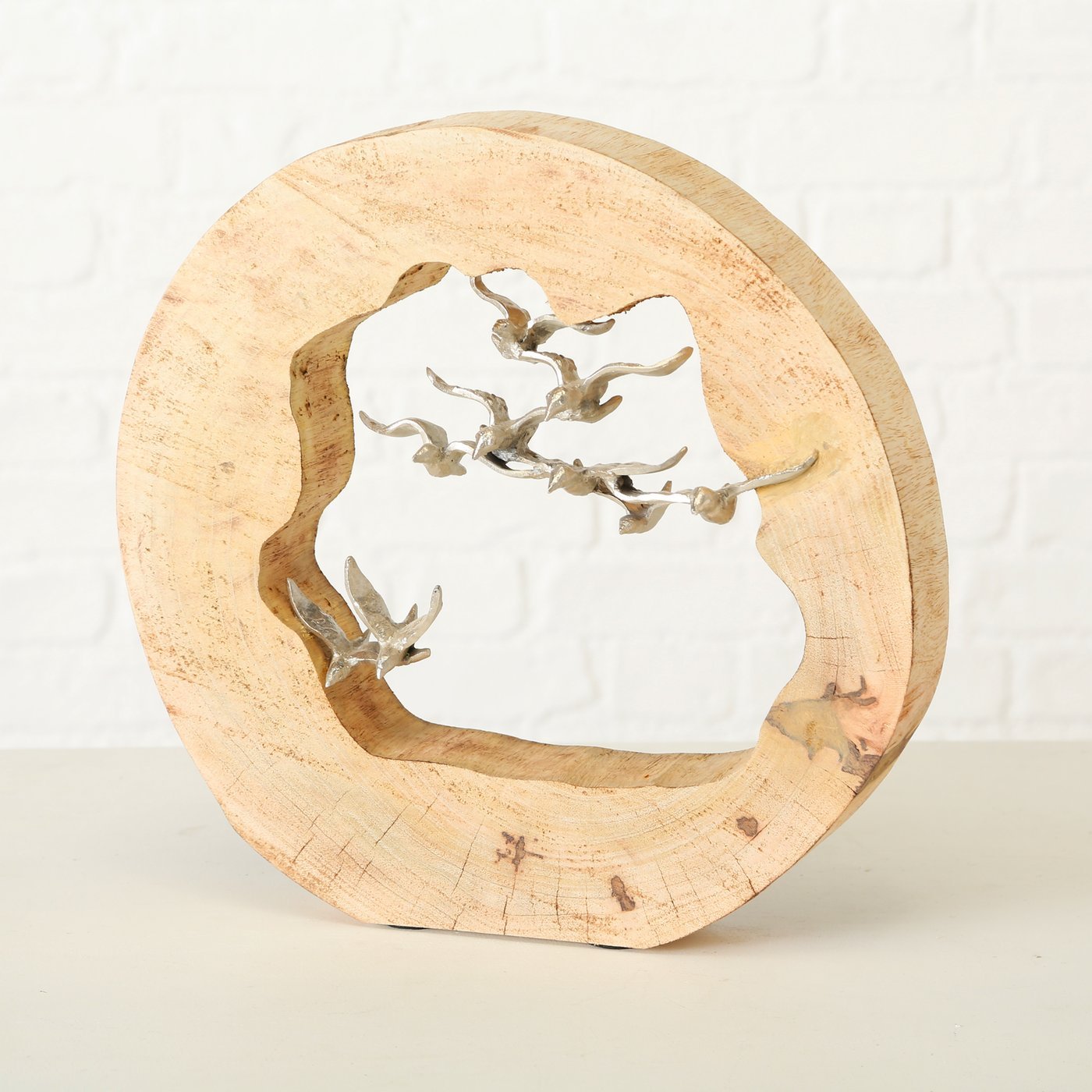 Image of Display Bird 35 Cm - Mango Wood & Aluminum, Natural/silvery, Modern Wooden Ring With Birds, Accessory Mango Decoration Living Room Living Area Decoration Entrance Area Windowsill Decoration.