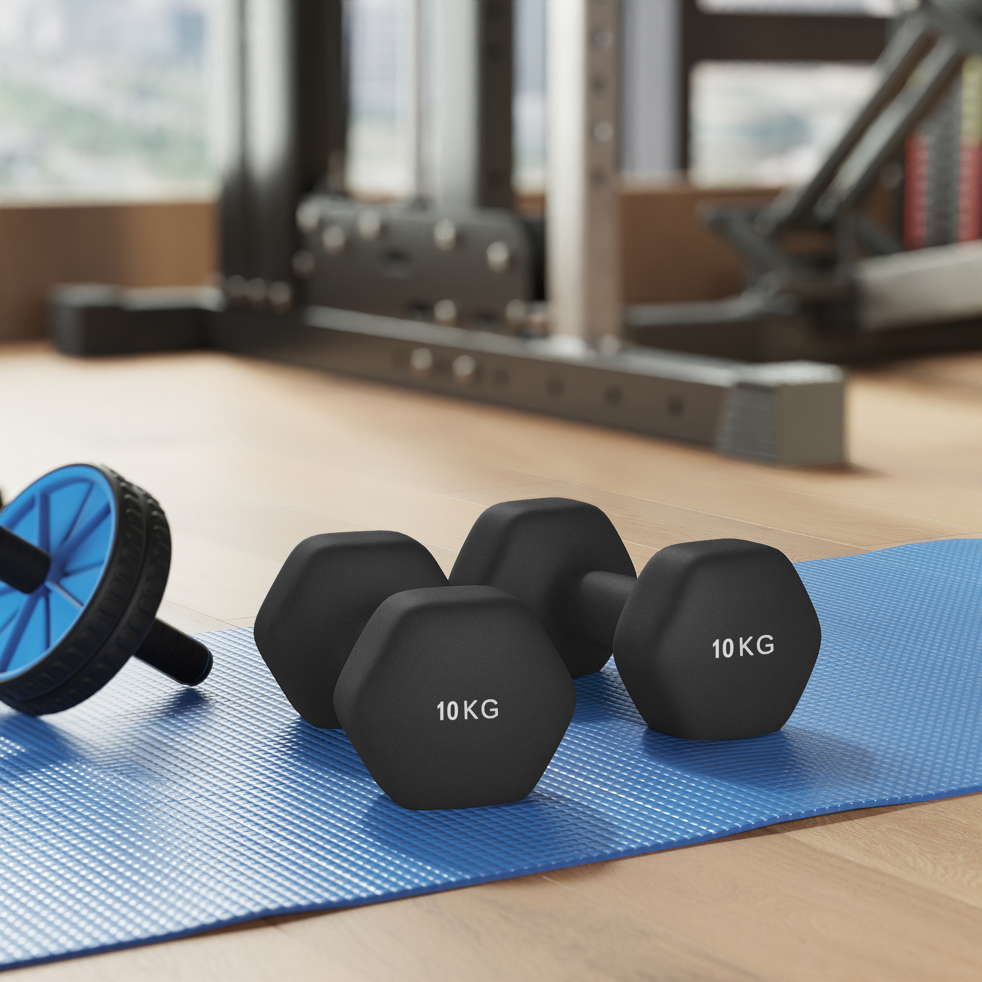 E-shop Sechseckige Kurzhanteln, zweiteiliges Set, 2 x 10 kg, mit Neoprenbeschichtung, geeignet für Krafttraining, Fitness und Heimtraining, schwarz.