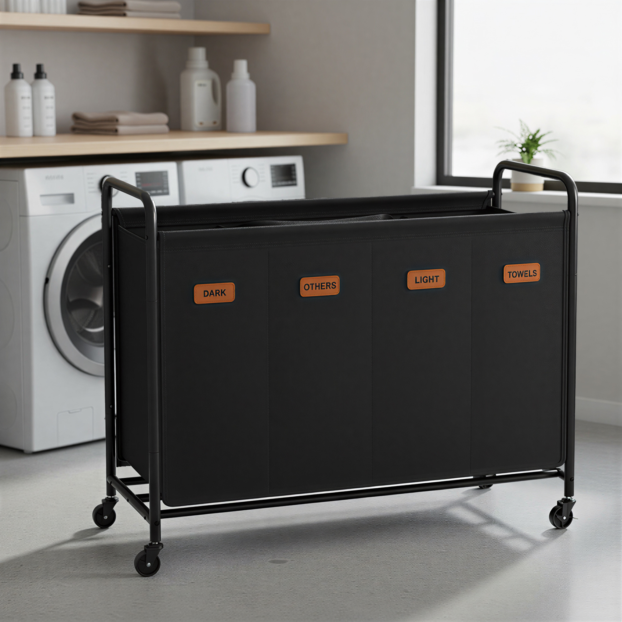 Image of Laundry Collector With 4 Compartments, 200l Laundry Cart On Wheels, For Bathroom, Bedroom, Laundry Room, Black