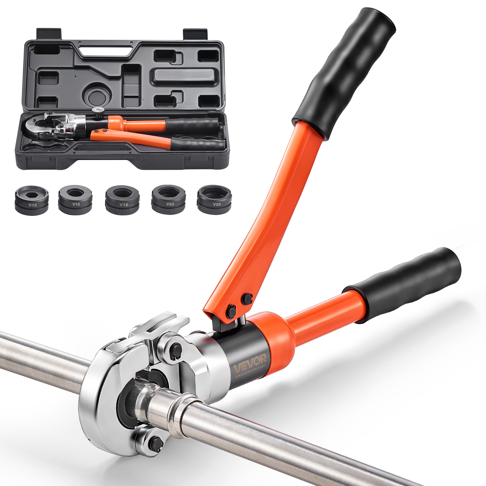 Image of Vevor Hydraulic Pipe Crimping Tool, Stainless Steel Tube Fittings Crimper With V12, V15, V18, V22, V28 Jaws & Carrying Case, Press Crimper Tool Kit For Plumbing Repairs & Installations