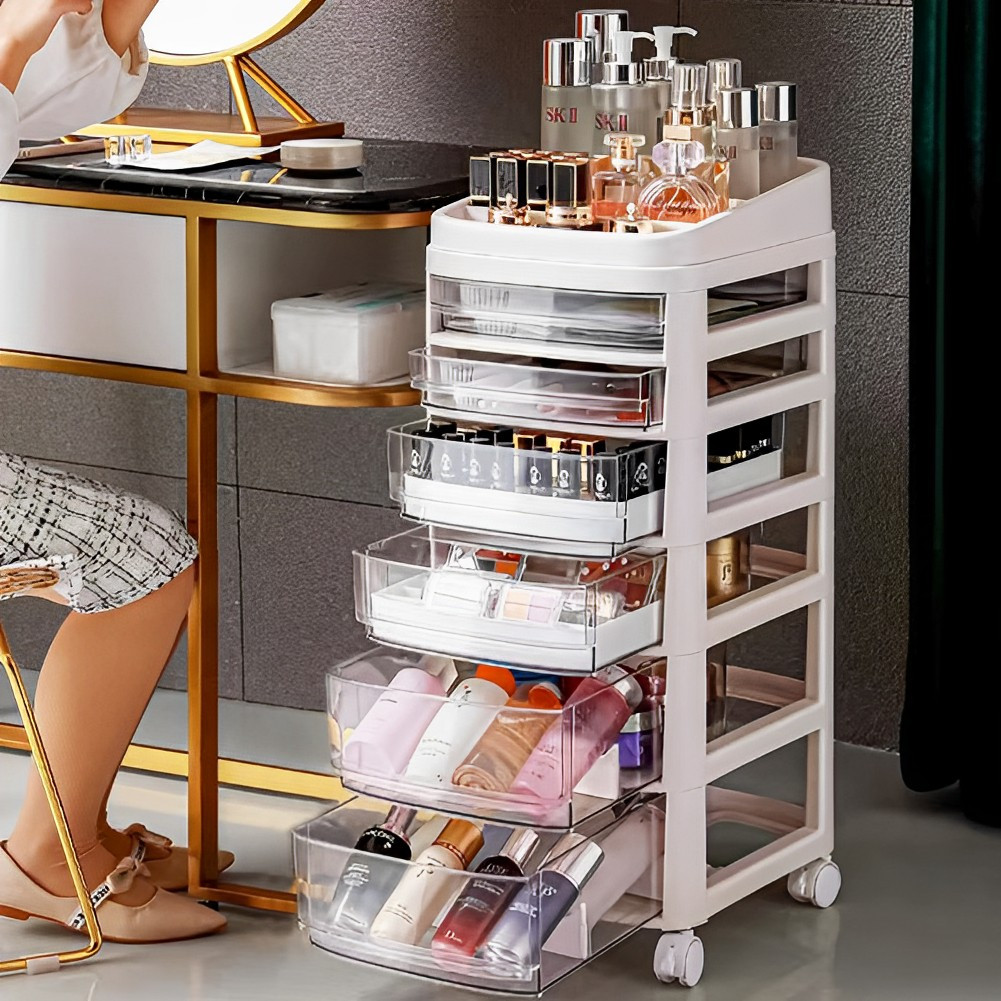 Floor Standing Cosmetic Storage Tower with Transparent Drawers, Portable Design