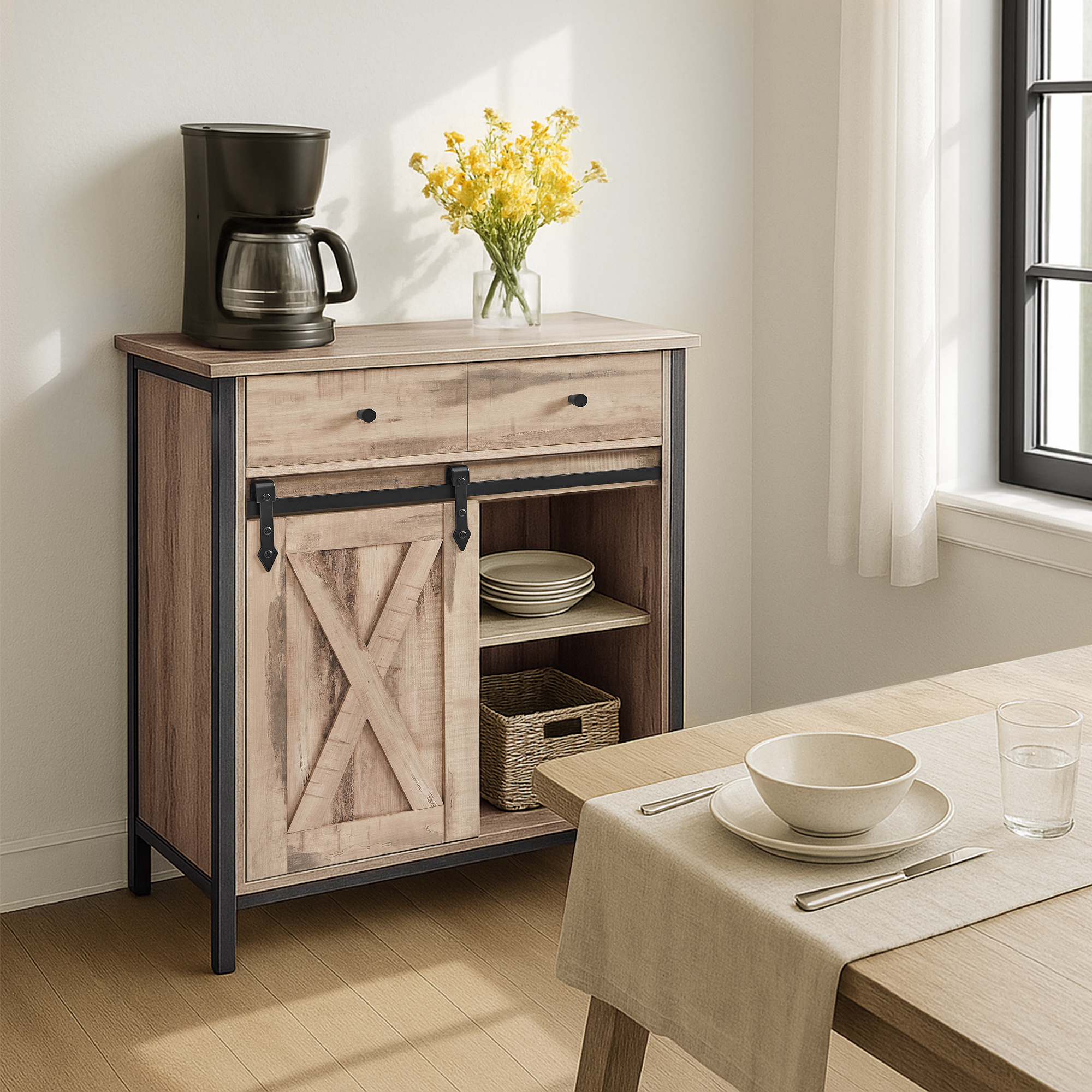 E-shop Aufbewahrungsschrank 30 x 70 x 80 cm, Sideboard, KÜchenschrank,mit SchiebetÜr, Schublade und 4 Fächer unten, verstellbare Ablage, Landhausstil,