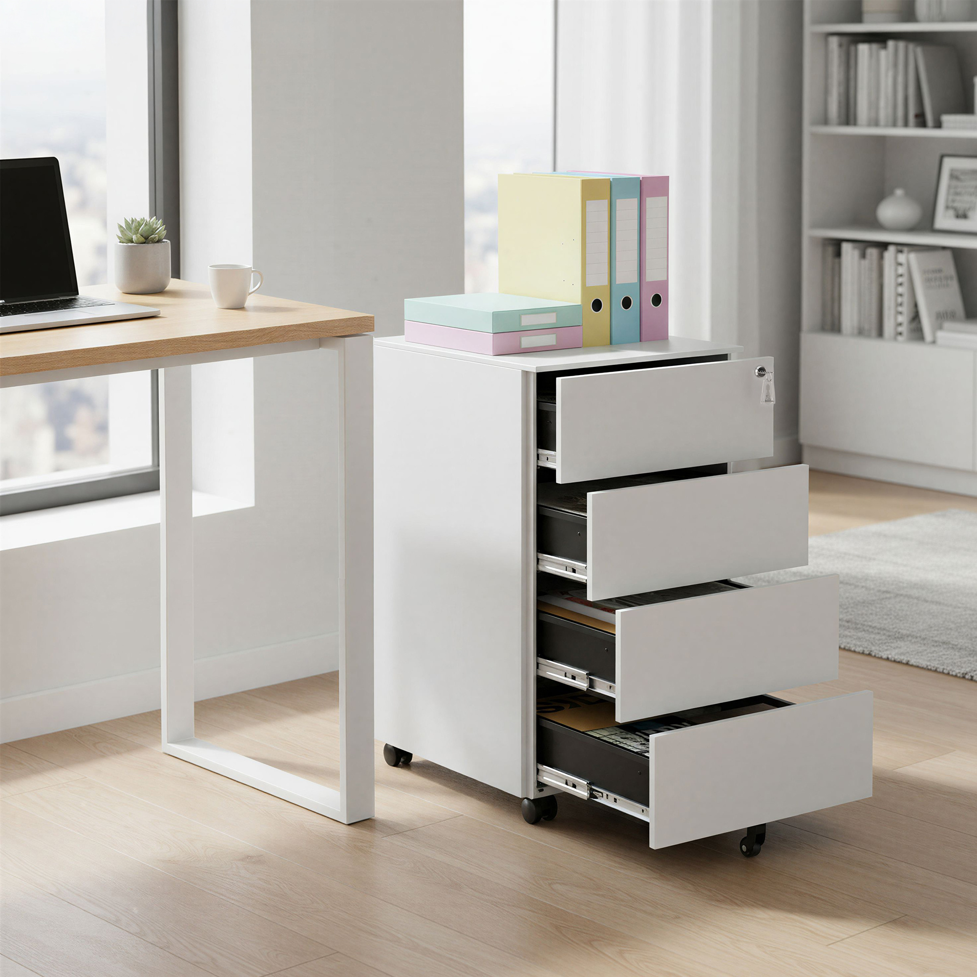 Desk, Mobile File Cabinet, Roll Container, Drawer Cabinet, Metal Cabinet, 4 Drawers, Lockable, Pre-assembled, Office, 45 X 39 Cm