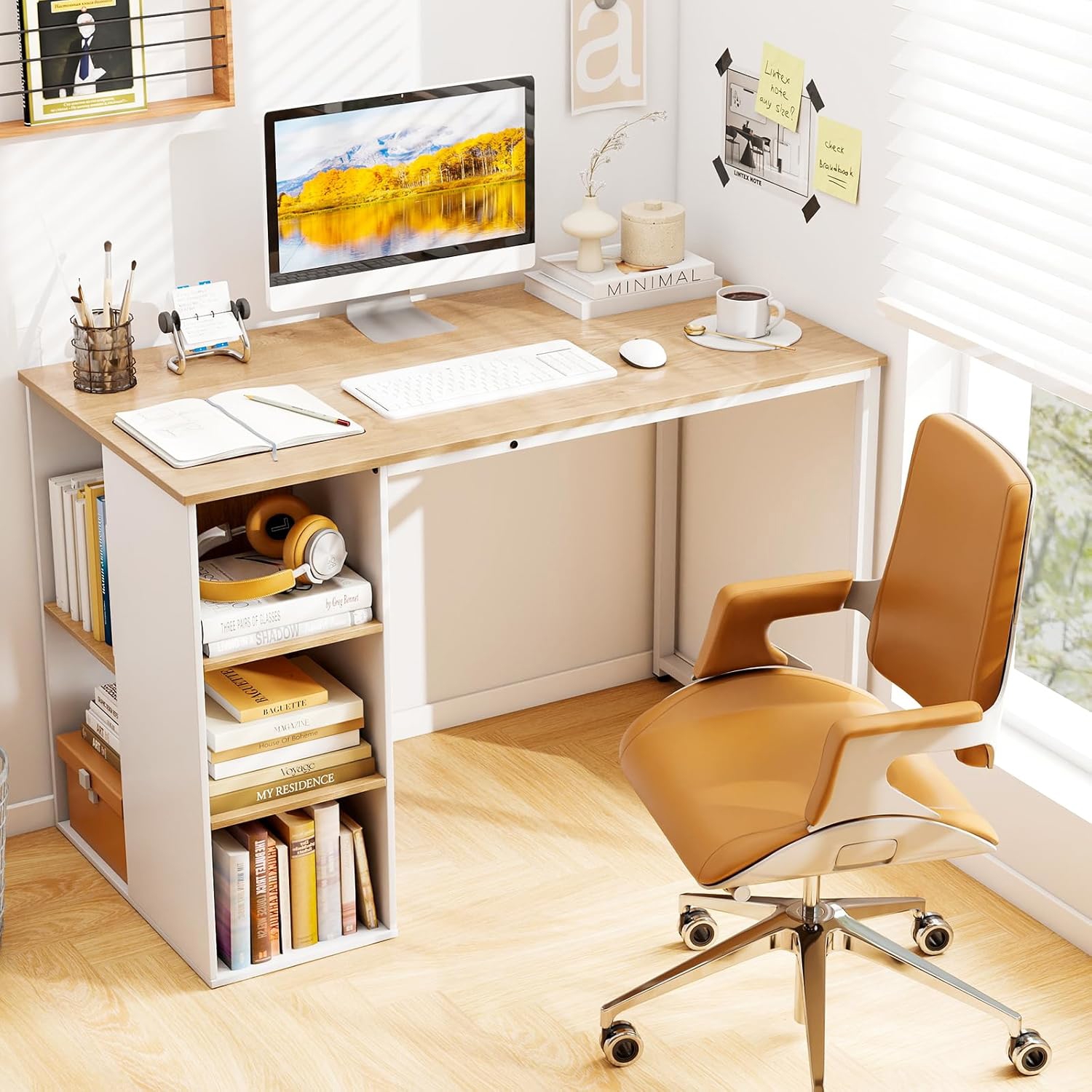 Desk With 5 Compartments, Computer Desk 115 X 59 Cm, Office Desk With Storage Space & Metal Frame, Modern Pc Desk