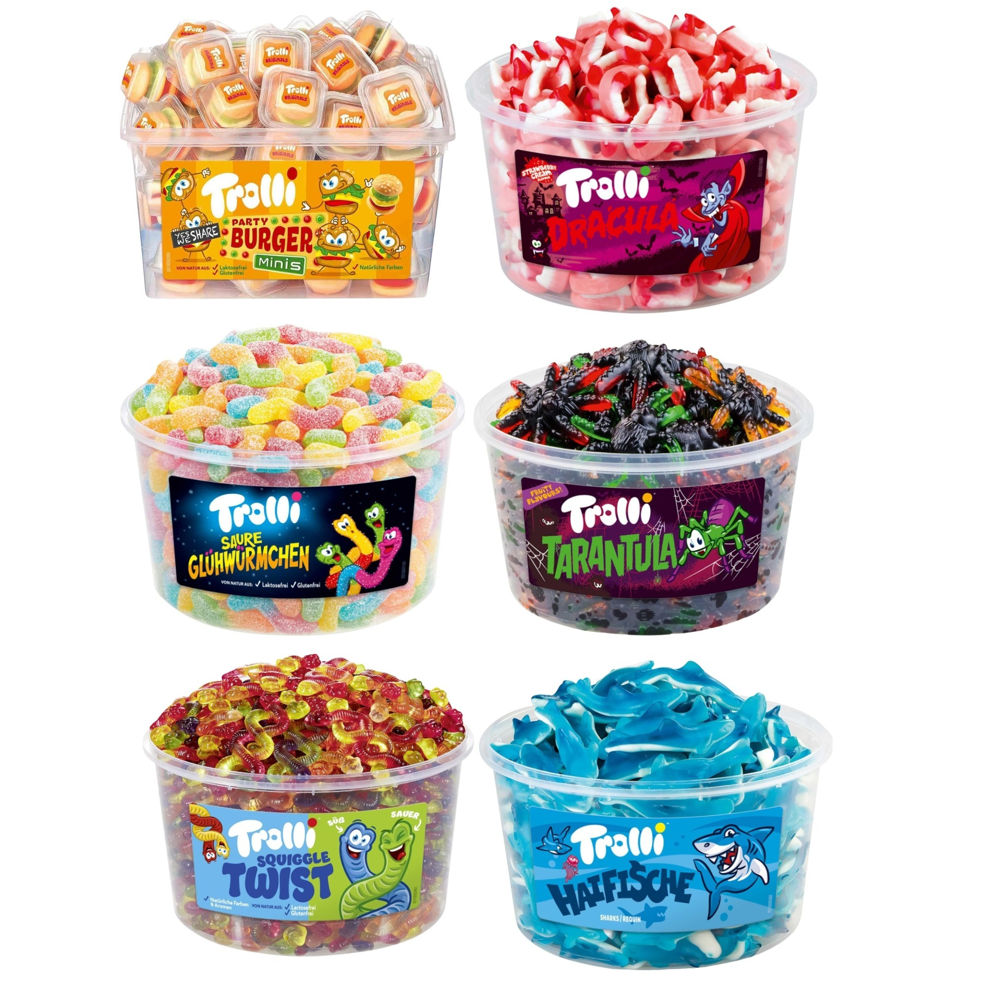 E-shop Trolli Mischpaket 6er 1x Party-Burger 600g + 1x Dracula 1050g + 1x Saure Glühwürmchen 1000g + 1x Tarantula 975g 1x Squiggle Twist 1200g 1x