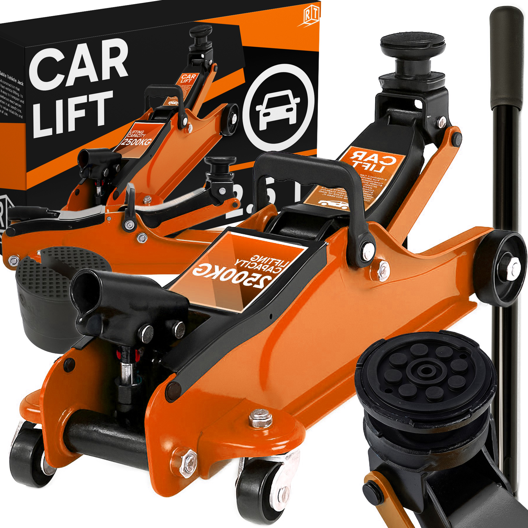 E-shop RETOO DriveTech Hydraulische Autowagenheber, 2,5T Niedrigprofil-, Hubbereich 85-380 mm, Stahlkonstruktion mit Sicherheitsventil, Adapterzubehör