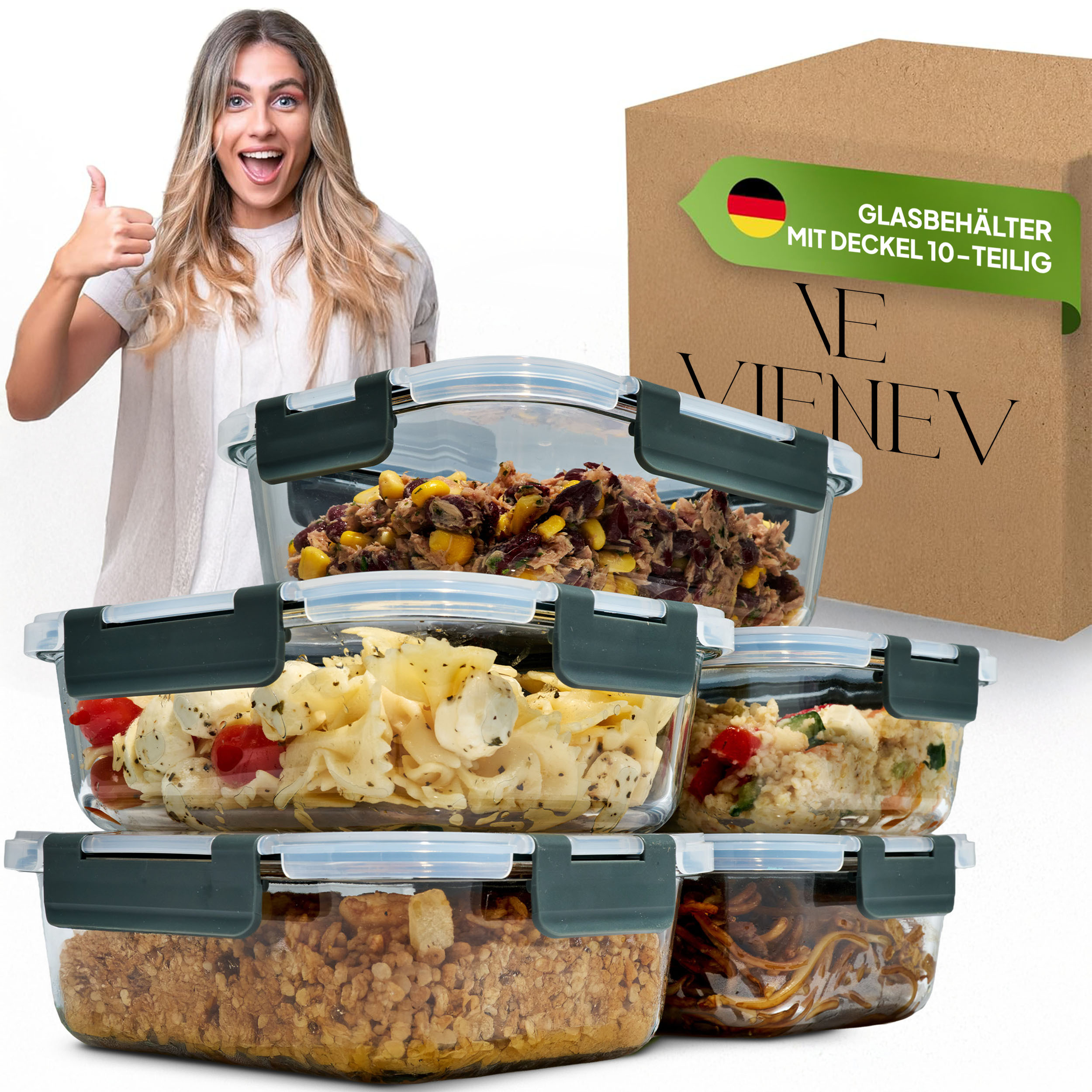 Image of Glass Containers With Lids, 10-piece Set, Borosilicate Glass With Lids, Meal Prep Jars, Glass Food Storage Containers With Lids, Glass Jar Set With Lids, Glass Meal Prep Boxes (5 Containers, 5 Lids)