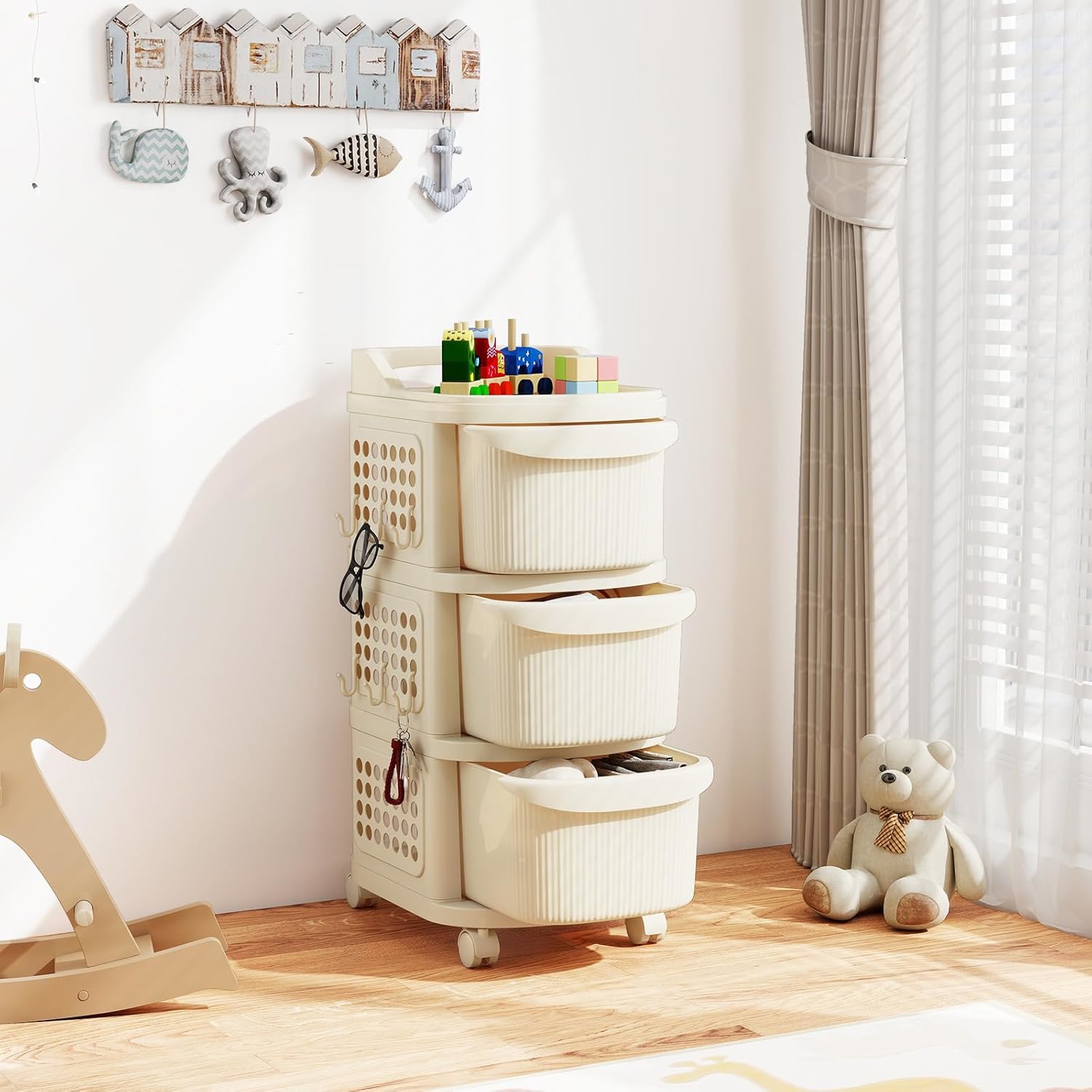 Rolling Utility Cart With 3 Drawers, Plastic Rolling Storage Cart With Side Pegboards, 6 Hooks, Lockable Wheels