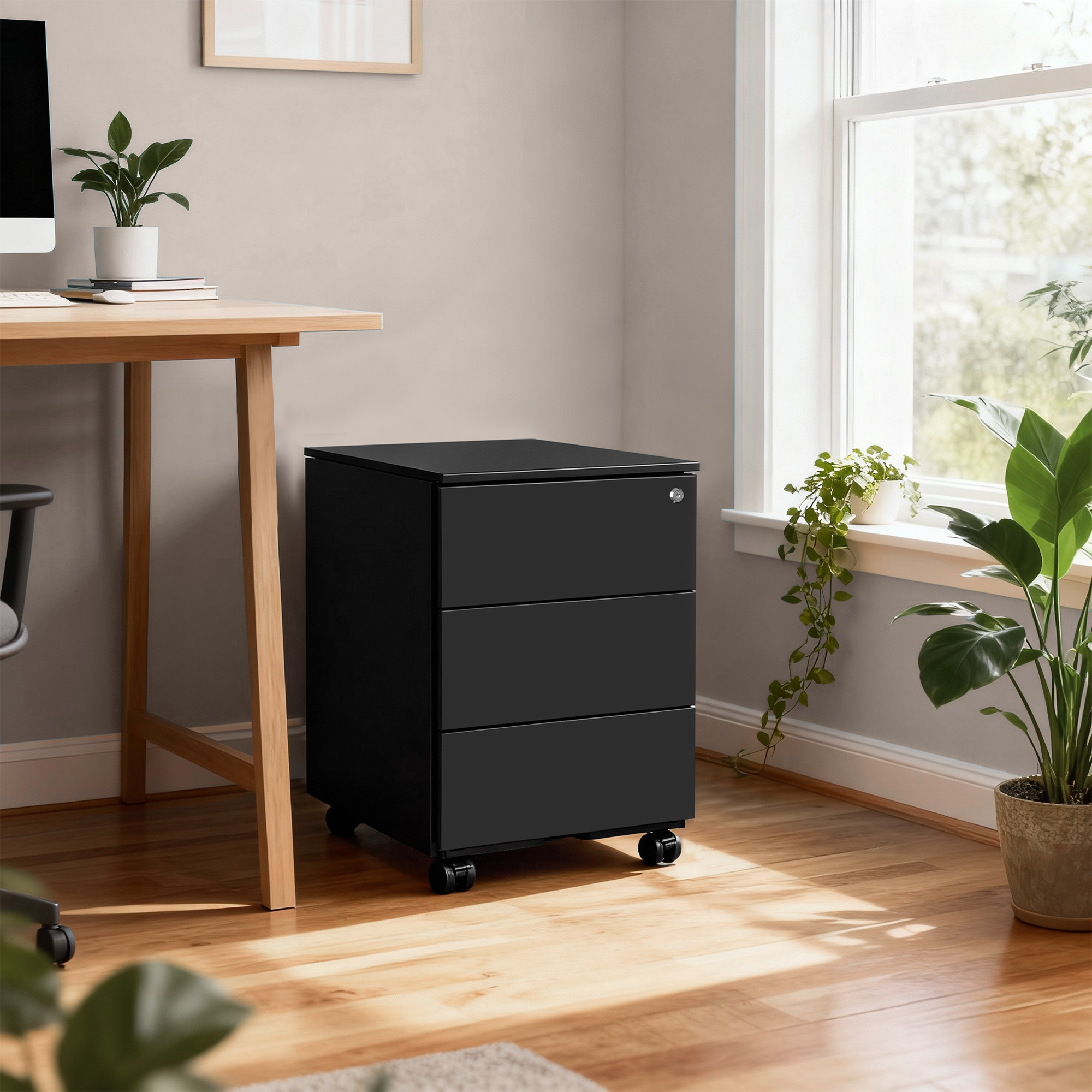 E-shop Rollcontainer für Büro, Metall, Abschließbar, 3 Schubladen, Vormontiert, Schwarz