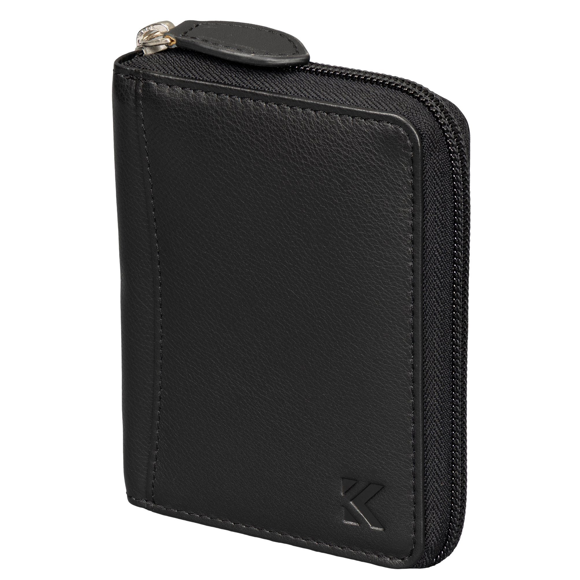 E-shop Leder Geldbörse Herren Portemonnaie RFID Hochformat Geldbeutel Echtleder 8 Kartenfächern Reißverschluss Geschenkbox Schwarz