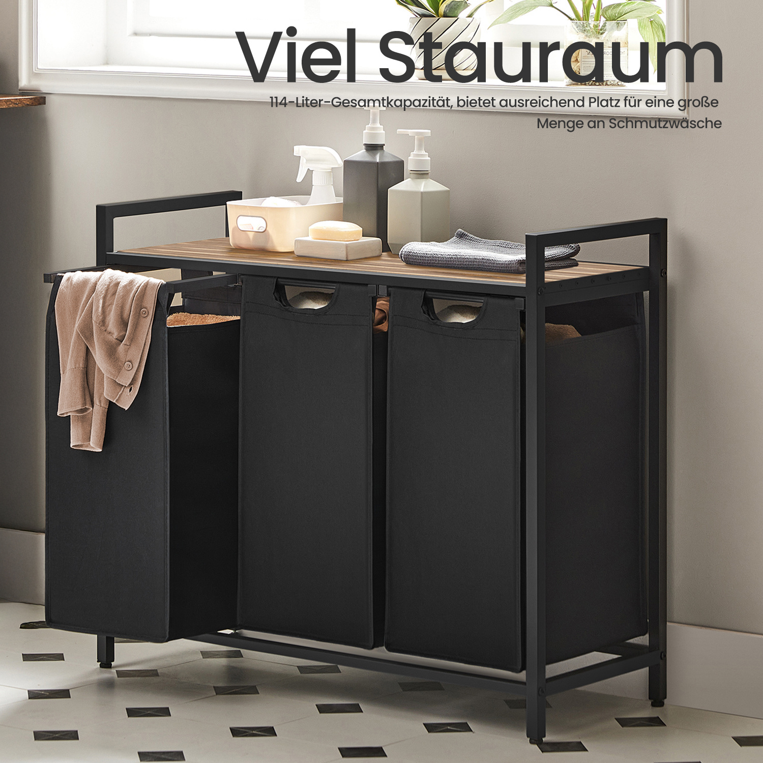 3-compartment Laundry Basket, Laundry Collector With Shelf, , Removable Laundry Bag, Metal Frame, 3 X 40 L, 92.5 X 33 X 72 Cm