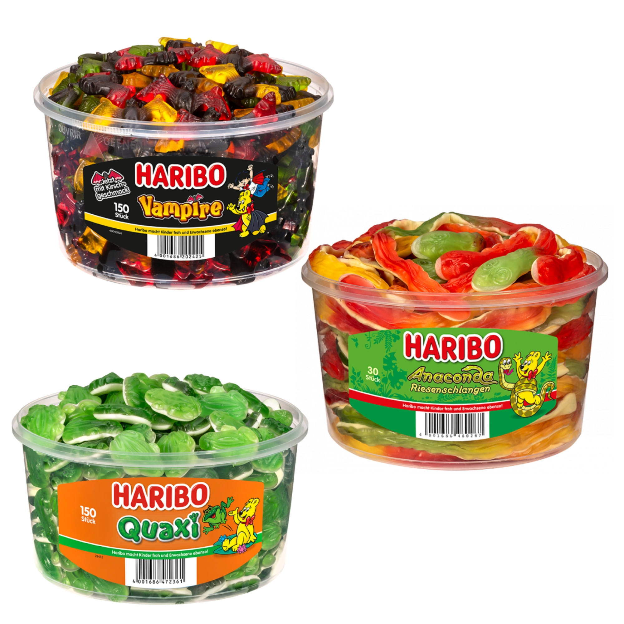 Image of Haribo Party-mix: 1x Vampire 1.2kg, 1x Anaconda 1.2kg & 1x Quaxi 1.05kg | Total Content 3.45kg | Perfect For Party, Office & Children's Birthday