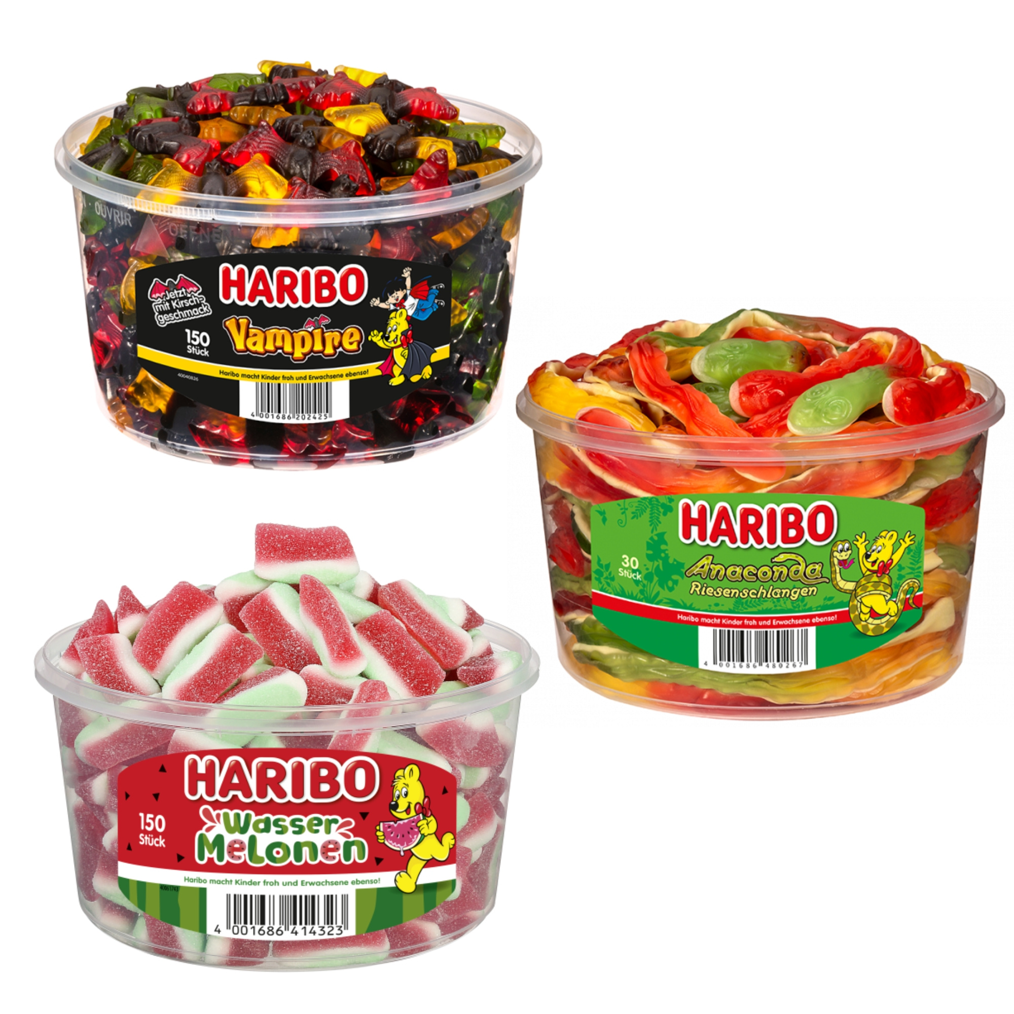 Haribo Party Mix: 1x Vampire 1.2kg, 1x Watermelon 1.05kg & 1x Anaconda 1.2kg | Total Weight 3.45kg | Perfect For Parties, Office & Kids' Birthdays
