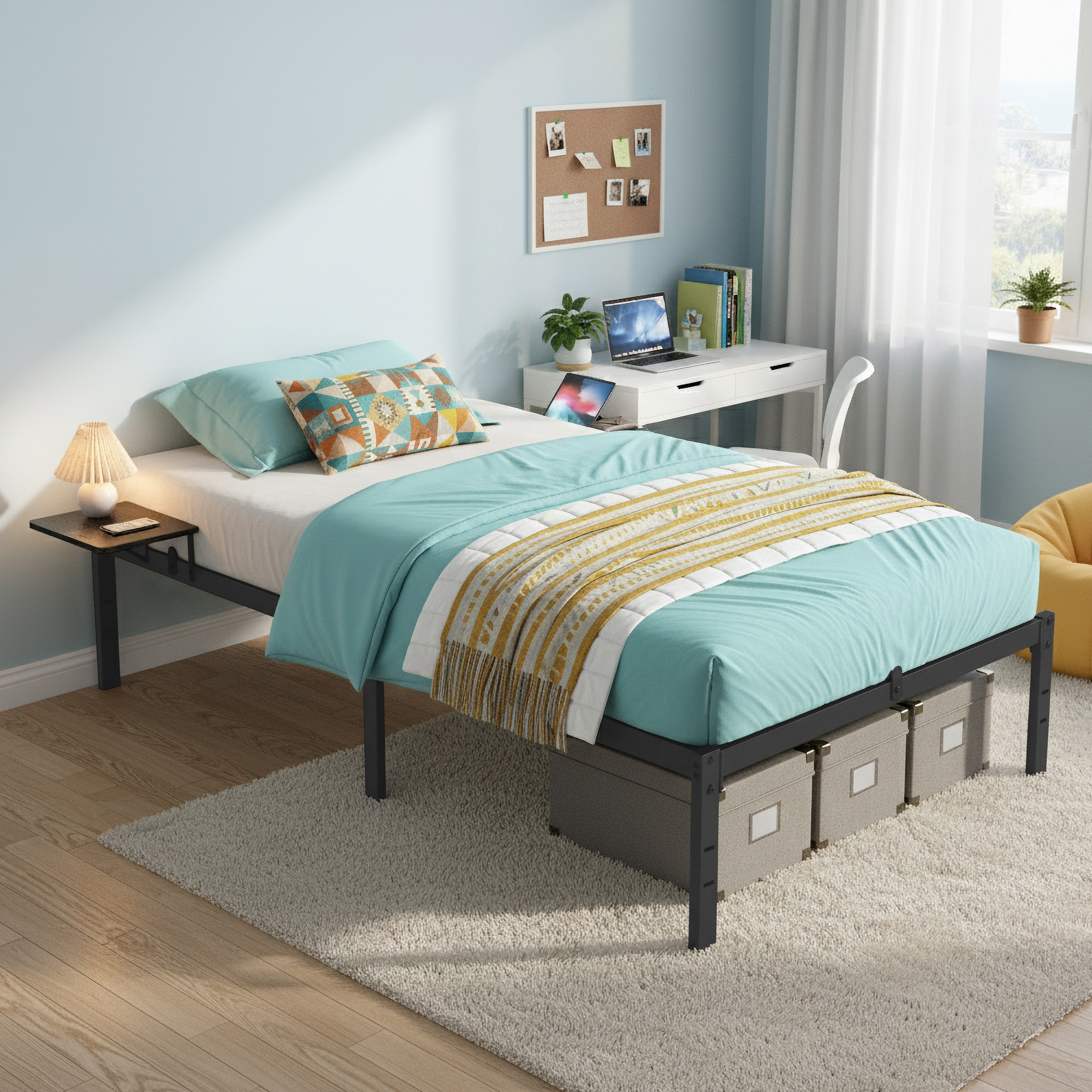 Bed Frame, Bed Frame, Metal Bed Frame With Storage, Guest Bed, Black