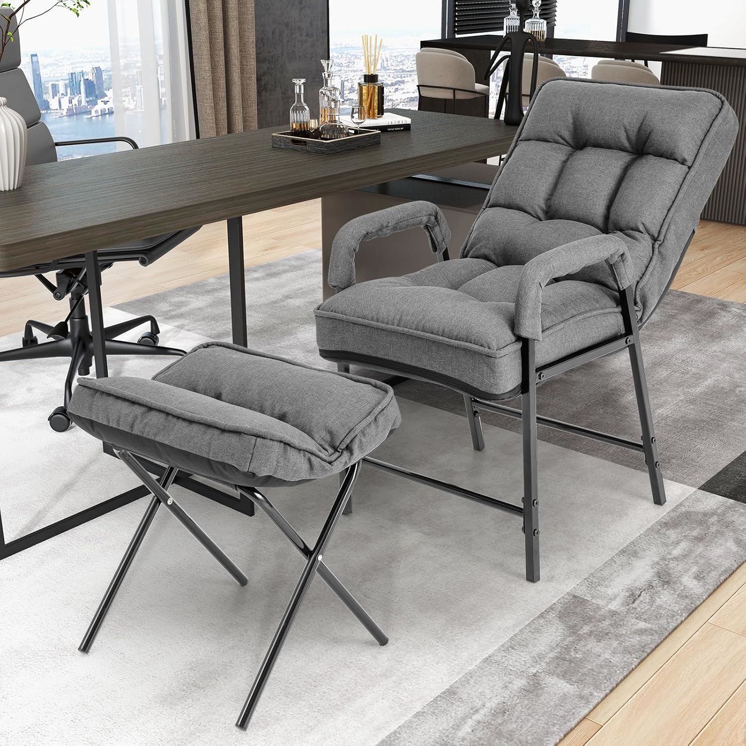 Reclining Chair With Ergonomic Footrest, Leisure Chair In Linen Fabric With Adjustable Back