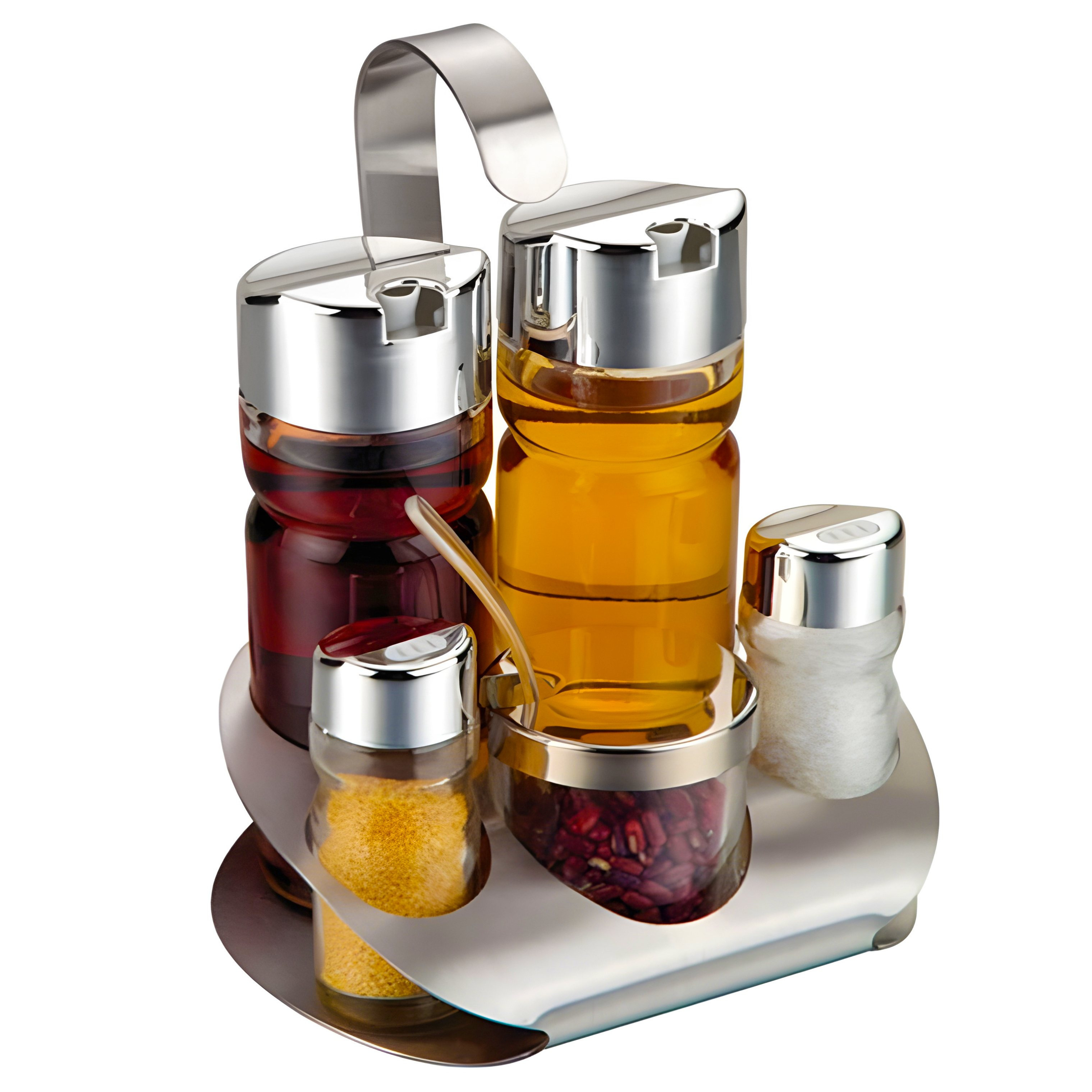 Stainless Steel Spice Rack 5pcs – Set With Salt & Pepper Shaker, Oil & Vinegar Dispenser, Chili/mustard Glass | Table For Household & | Stainless Steel & Glass