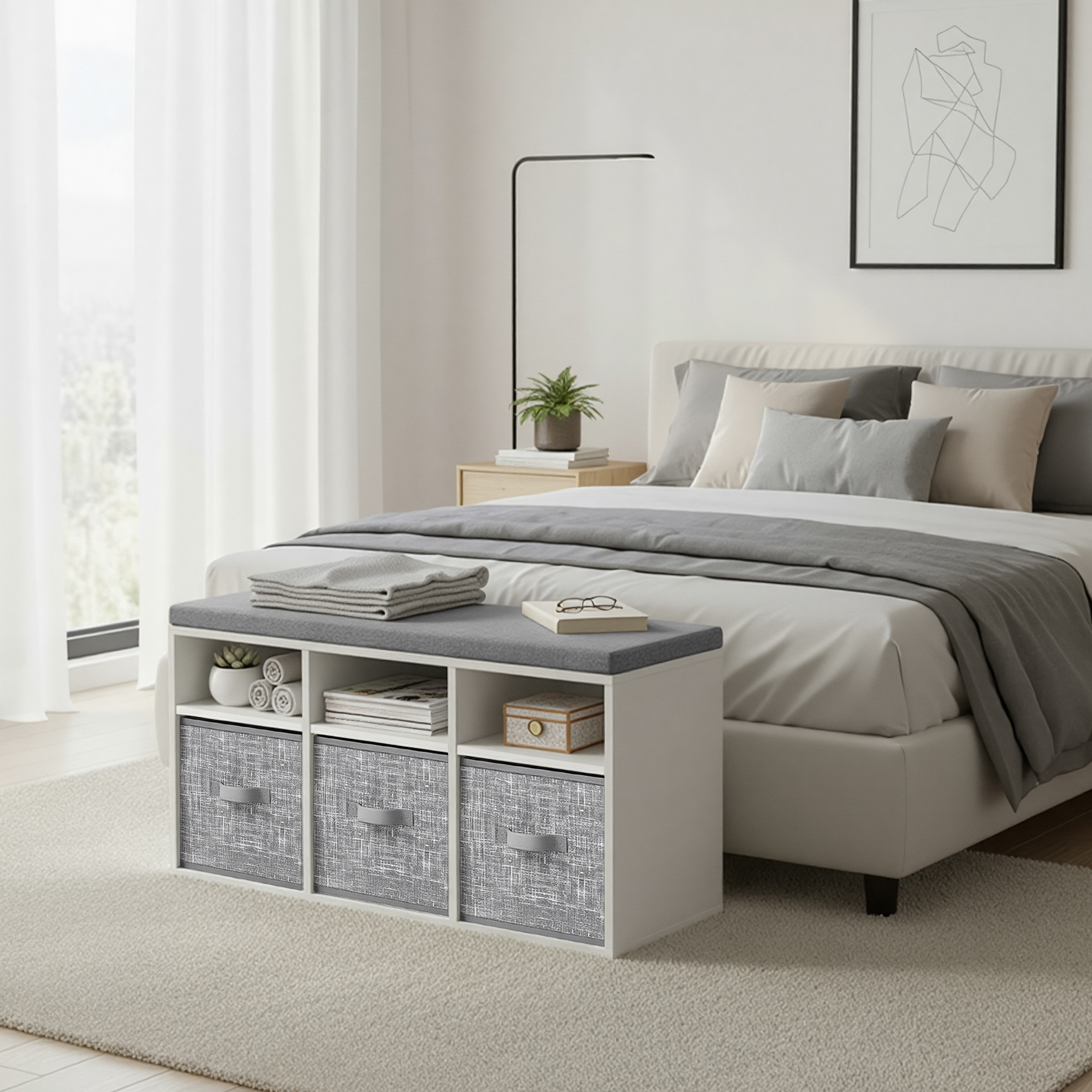 Bench With 6 Compartments And 3 Boxes, Shoe Bench For Entryway, White-gray
