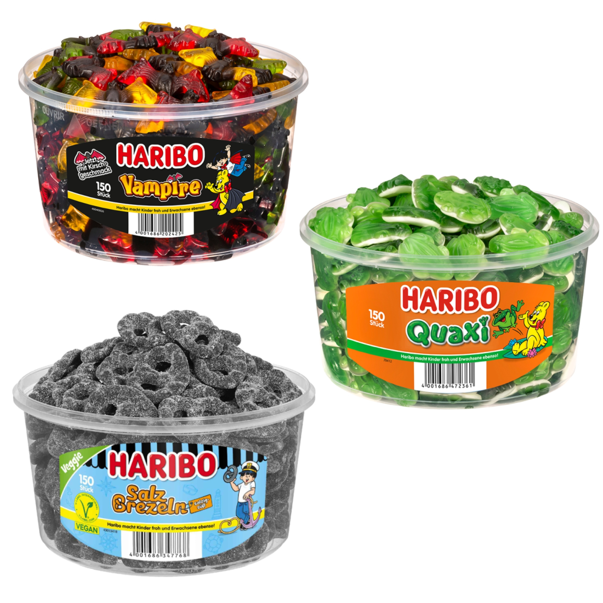 Image of Haribo Party Mix: 1x Vampire 1.2kg, 1x Quaxi 1.05kg & 1x Salted Pretzels 1.05kg | Total Weight 3.3kg | Perfect For Parties, Offices & Kids' Birthdays