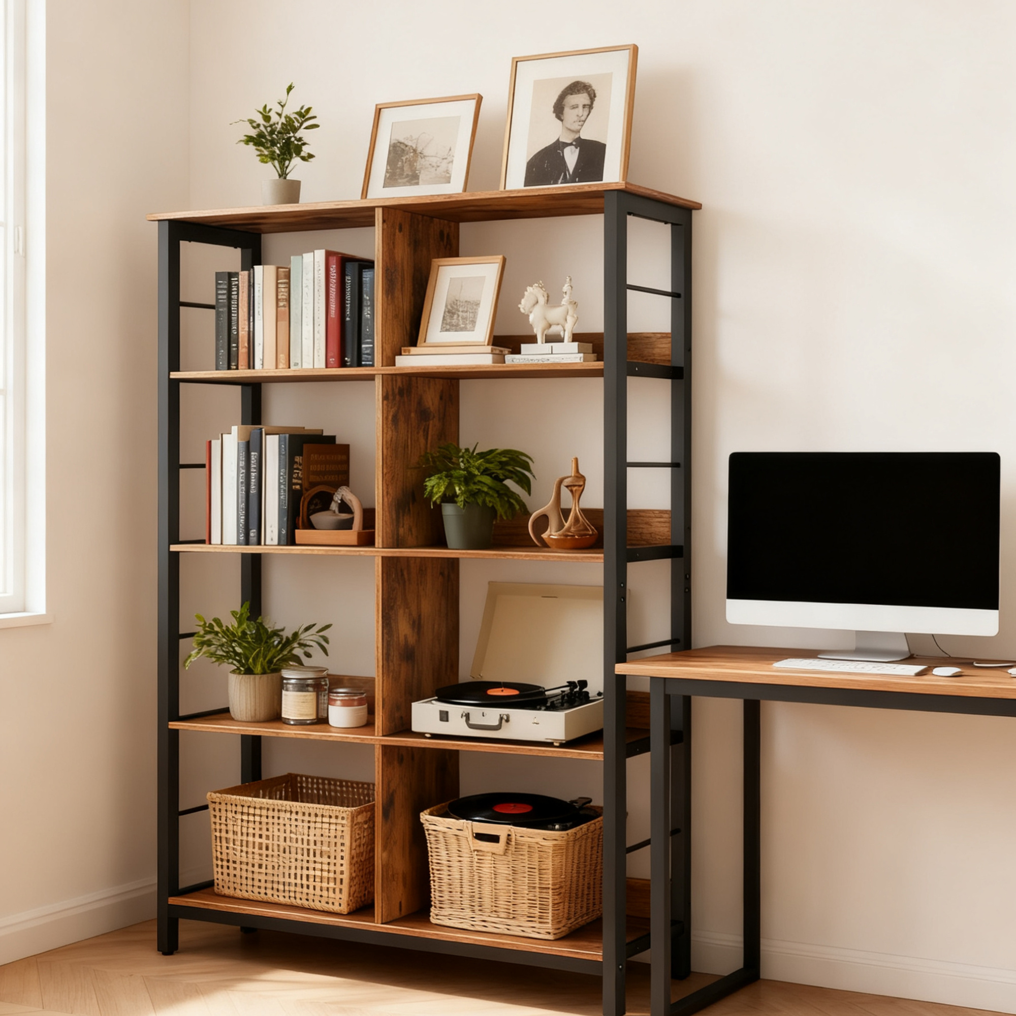 4-tier Bookshelf, Standing Shelf, Storage Rack With 8 Compartments, 33 X 80 X 149 Cm, Brown-black