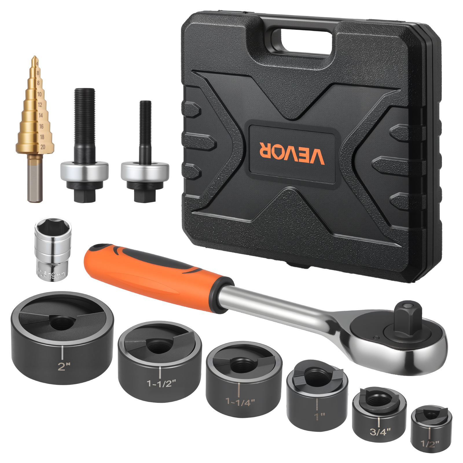 Image of Vevor Punch Set, 12.7 To 50.8mm Slug- Ratchet Set, Ratchet Wrench Punch Sets For Aluminum, Mild Steel, Fiberglass, Plastics, 6 Die Sizes, 40cr Steel Ko Tool Kit