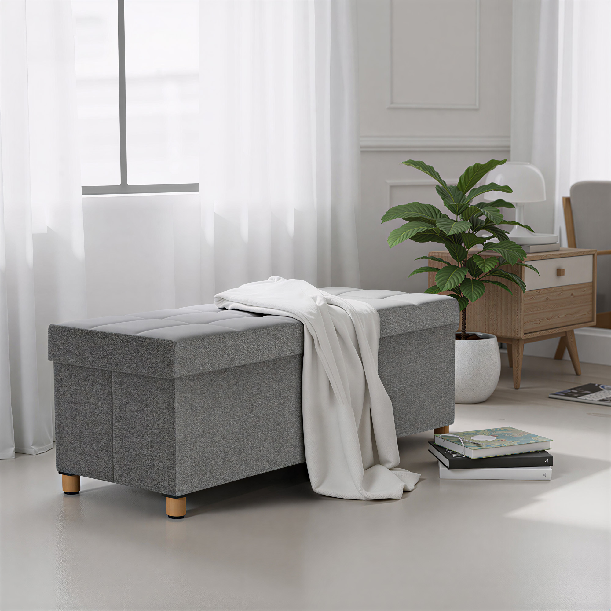 Bench With Storage, Foldable Design, Footstool With Legs, 38 X 110 X 40 Cm, Loadable Up To 300 Kg, Grey