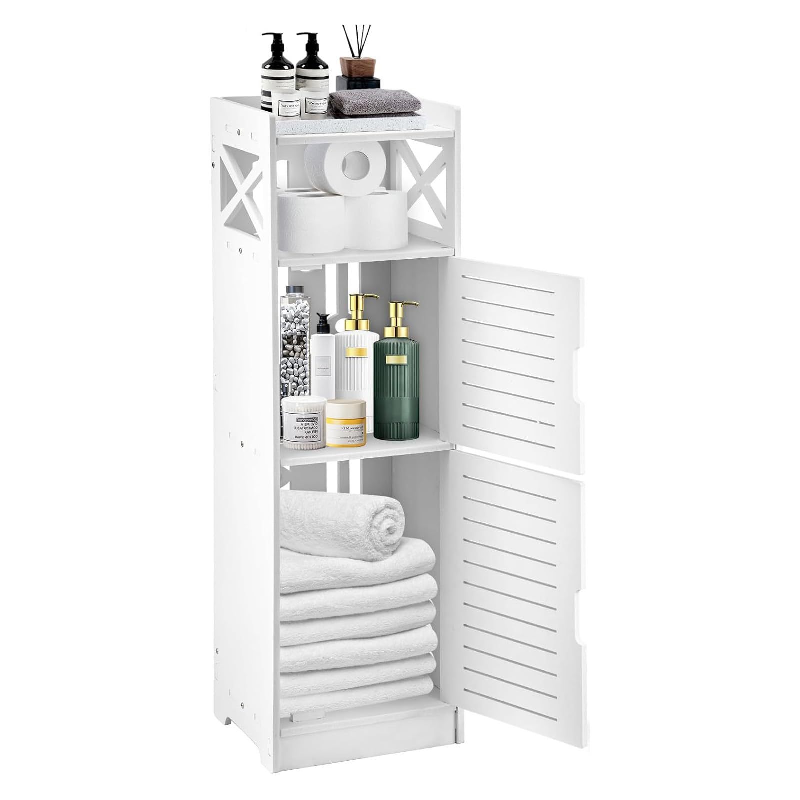 Image of (thin 3-tiered 2-door) Bathroom Storage Unit, Bathroom Cabinets, Freestanding Vitrine, Storage Furniture, Organizer Unit For Office, Living Room, And Kitchen