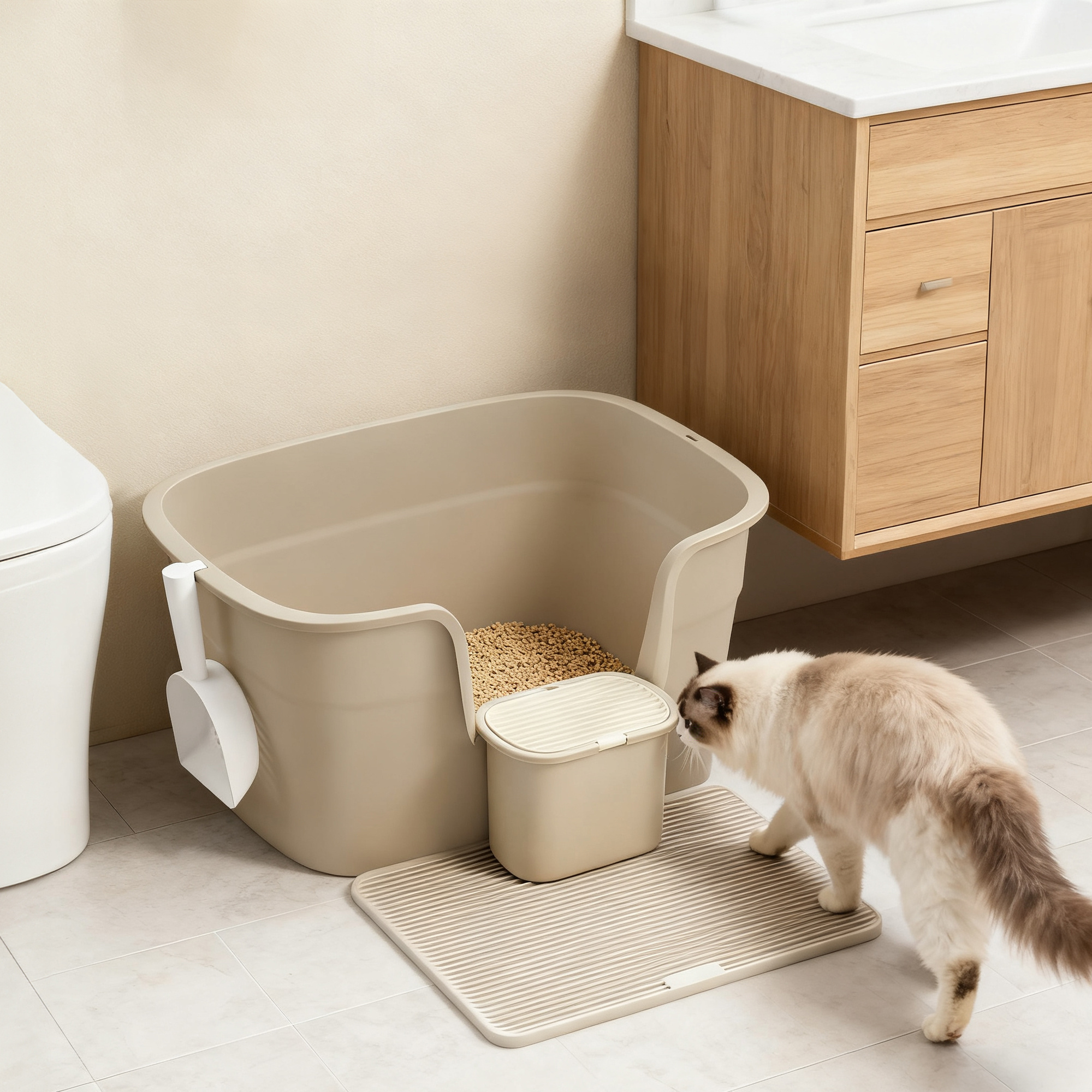 E-shop Große Katzentoilette mit hohen Seitenwänden, Katzenstreumatte und Schaufel, Aufbewahrungsbox