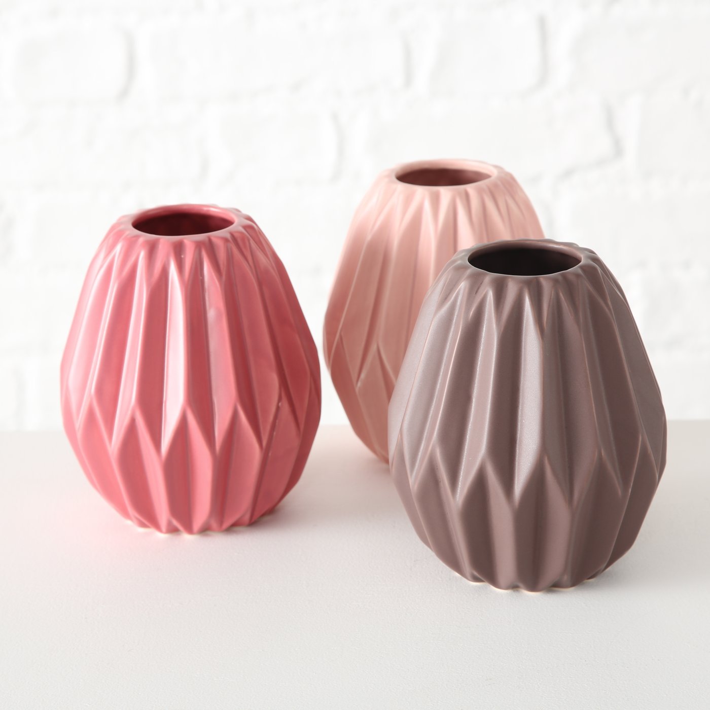 E-shop 3er Set Keramik Vasen – Steingut, lasiert, 13 cm hoch, dekorative Vasen in Altrosa/Dunkelrosa/Hellrosa, wasserdicht, moderne Tischdeko Vase
