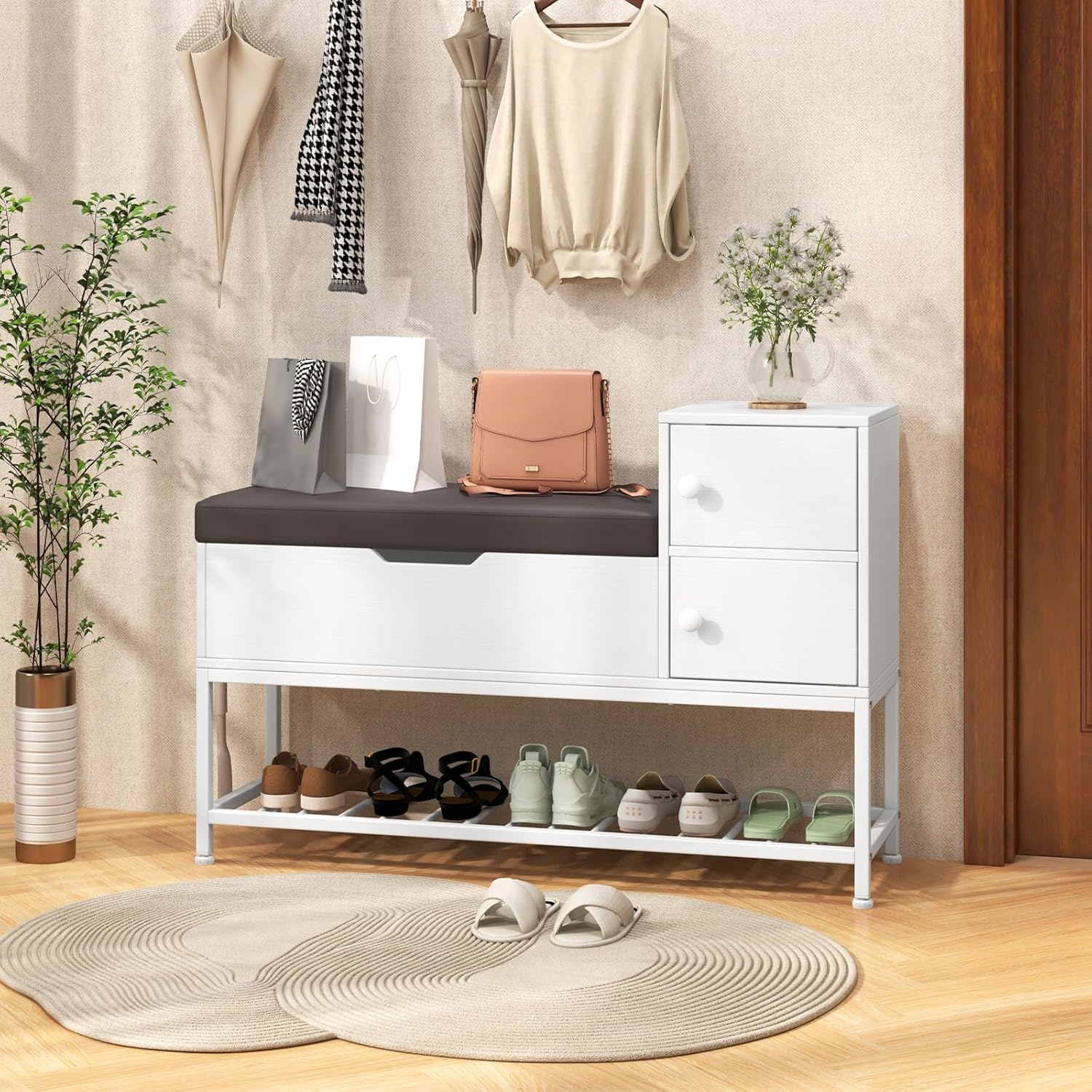 Image of Entrance Bench, Shoe Bench With Discountable Lid Safe And 2 Door Wardrobes, Pvc Cushion, Bottom Shoe Storage