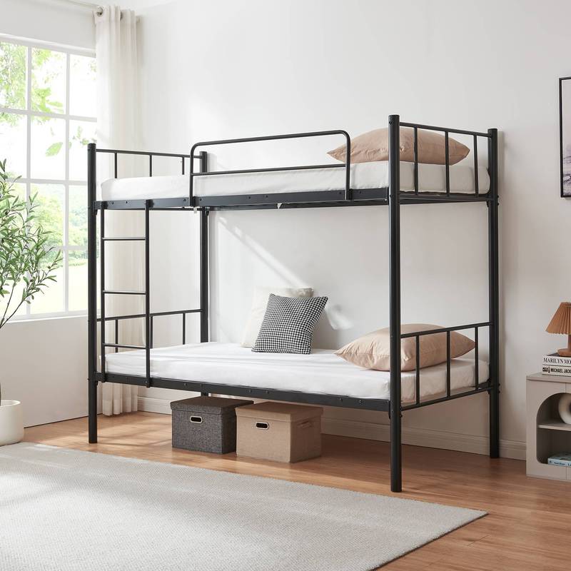 Metal Bunk Bed Frame High Bed 90 X 200 Cm With Fall Protection And Ladder Black