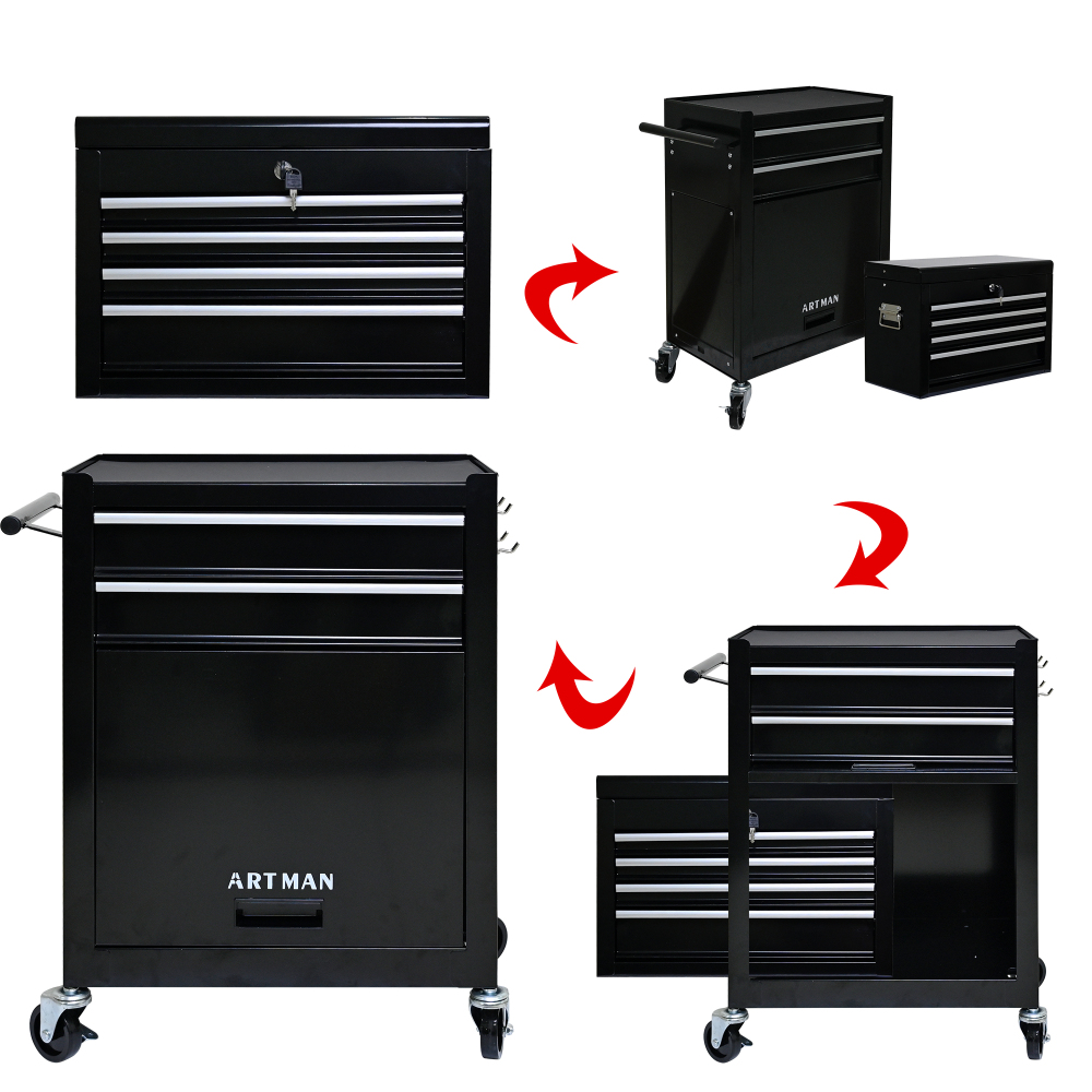Image of 6 Metal Tool Cabinets, Black, With 4 Rollers (2 With Brake), 100 Kg Load Capacity, Side Handle, Foldable Doors & Hanging Panel, For Workshop / Garage / Basement, 50.8x26.5x34 Cm + 53x33x75 Cm