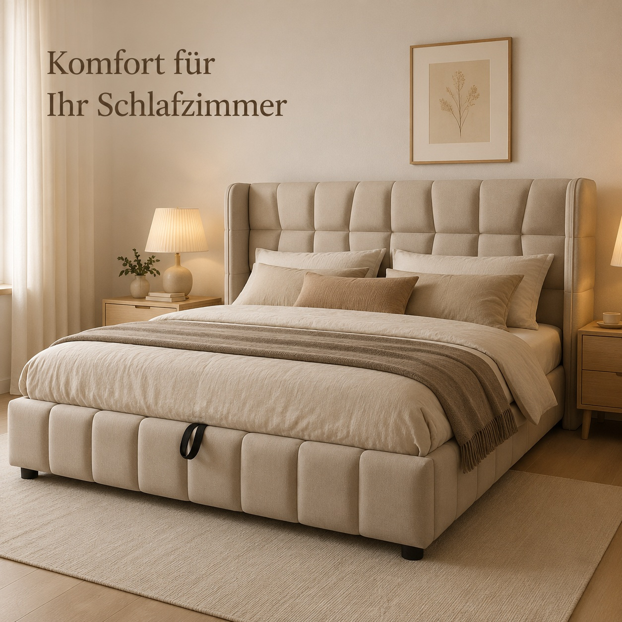 Image of Silent Platform Bed With Storage Lift System | 213x188x101 Cm Upholstered Double Bed Made Of Linen & Reinforced Metal Frame | Without Slats & 250 Kg Load Capacity | For Bedroom, , Large Apartment