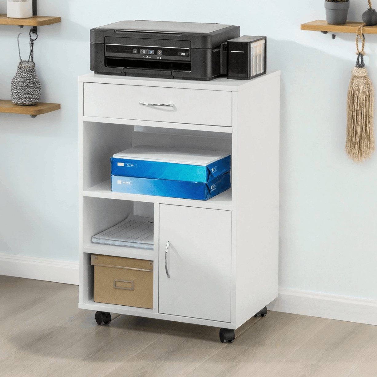 TEMU 1-piece Printer Table With Wheels, Printer Stand, Rolling Cart, Desk Under-desk Cabinet With 1 Door, 1 Drawer, 3 Compartments, Office Furniture