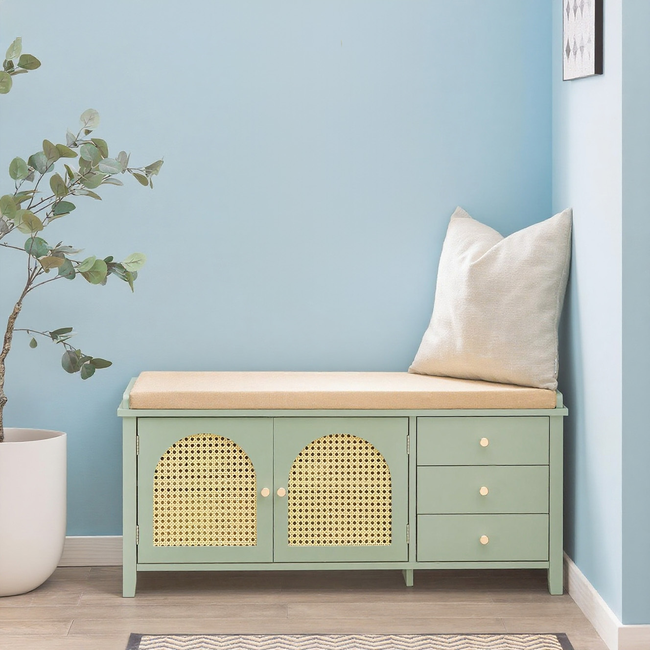 TEMU Banc-porte-chaussures 1 pièce avec 3 tiroirs, portes en et coussin rembourré, 150 kg, vert, 100x34x46 cm - GTS240-HS