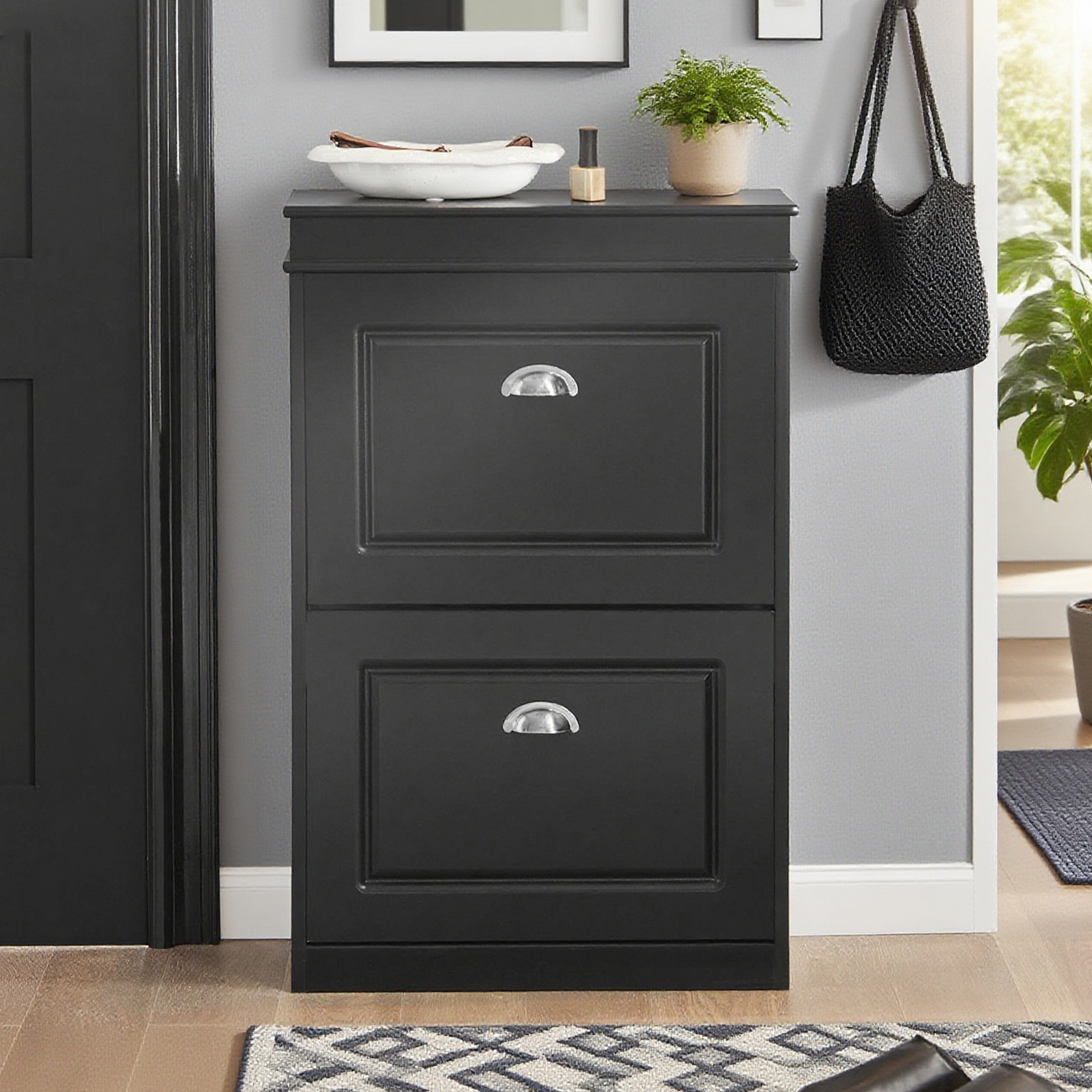 Image of 1pc Of Shoe Cabinet With 2 Doors, Shoe Cabinet Entrance, Shoe Furniture, Shoe Storage For 8 Pairs, For Hallway, Entrance, 54x24x83 Cm, Black, - Sobuy Gts89-