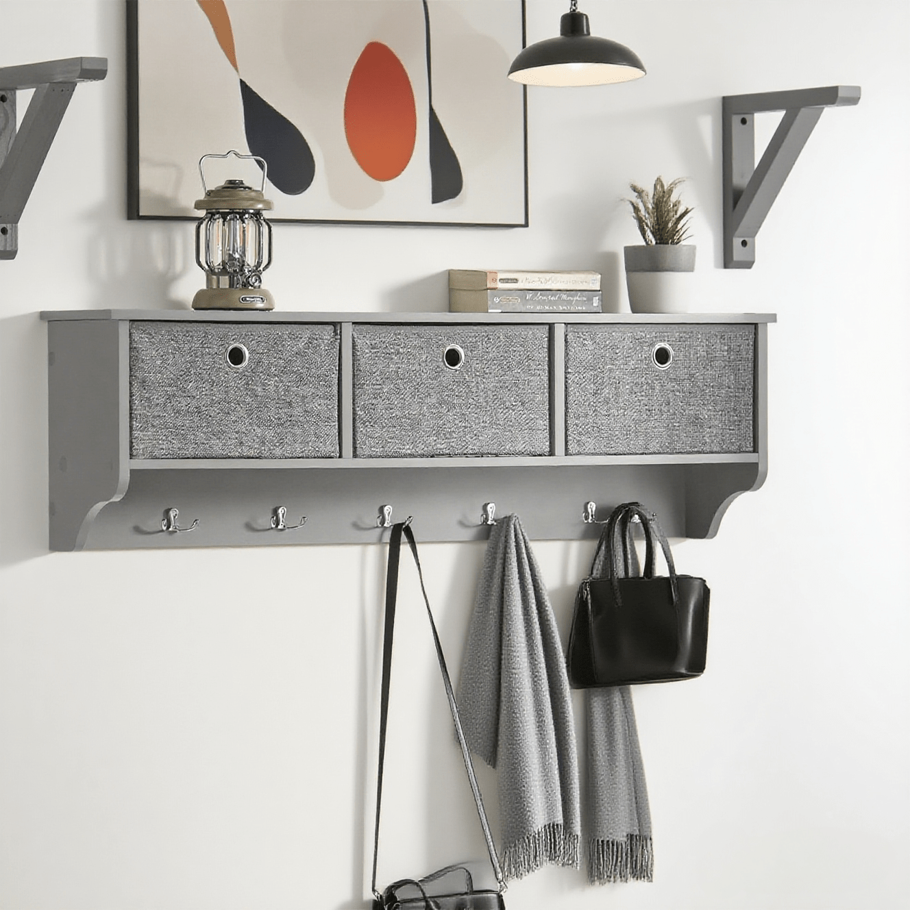 1pc Wall Coat Rack With 5 Hooks And 3 Baskets - Wooden Wall Coat Rack, Entryway Furniture With Shelf - Hanging Wardrobe For Bedroom, Living Room, Bathroom - Grey 100x20x30cm Gsh393-ih