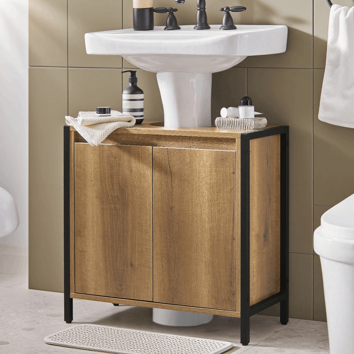 Image of 1-piece Bathroom Shelf With 2 Doors And Storage, Freestanding Furniture For Small Bathrooms And Guest Toilets, 60 X 60 X 30 Cm - Cas74-jj-qg