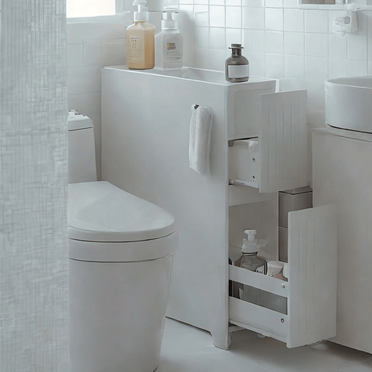 Image of 1pc Compact Toilet Storage Cabinet, Narrow Bathroom Furniture With Wheels, 20 Cm Wooden Drawer For Toilet Paper Storage, 60x20x75cm - Cas222-x