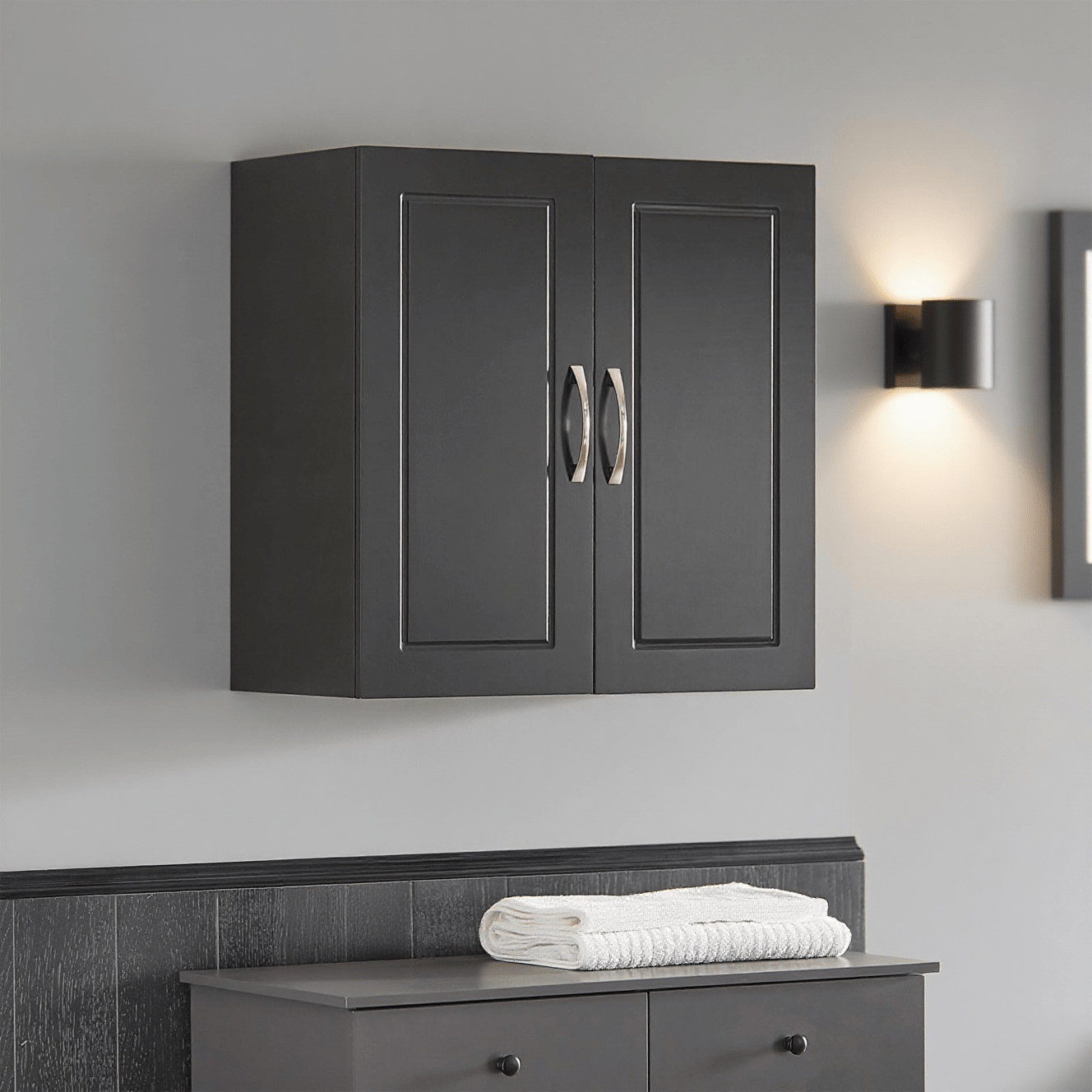 Image of 1-piece Tall Cabinet For Bathroom, Wall Shelf With Adjustable Compartment And Cabinet Door, Wall-mounted, Compact For Bathroom, Toilet, Or Kitchen, Black, L60xw30xh60 Cm - Gsh342-