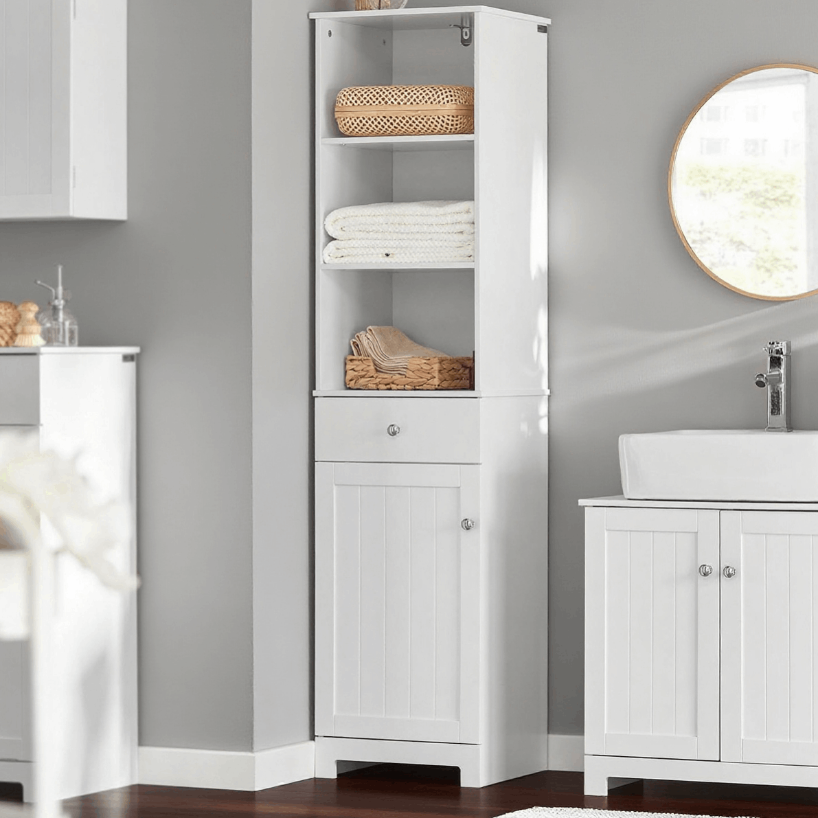 TEMU 1pc Of Bathroom Column Bathroom Furniture Bathroom Storage With Cabinet And 3 Open Shelves, Small Compact Furniture With 1 Drawer For Wc, Room