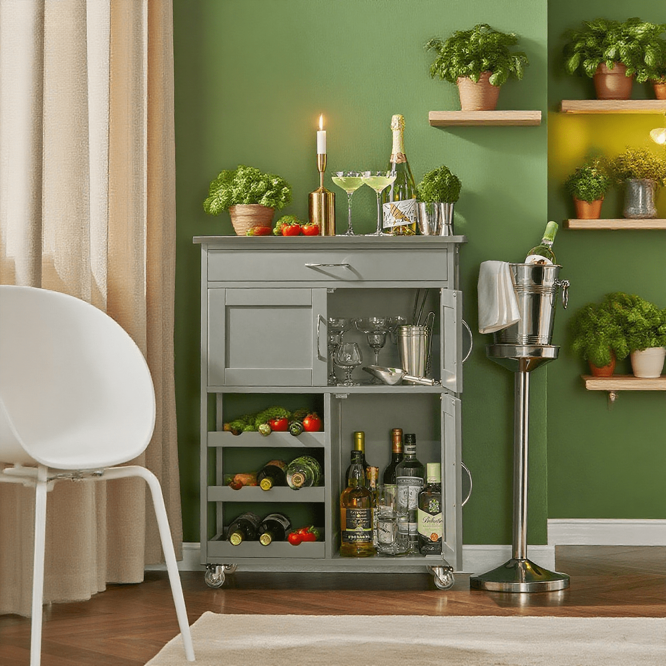 Image of 1-piece Kitchen Cart With Wheels And Worktop, Serving Kitchen With Drawers, Bottle Rack, Compact Center Island For Kitchen, Dining Room, And Outdoor Use, Light Gray, 67x86x38cm - Glx56-ih