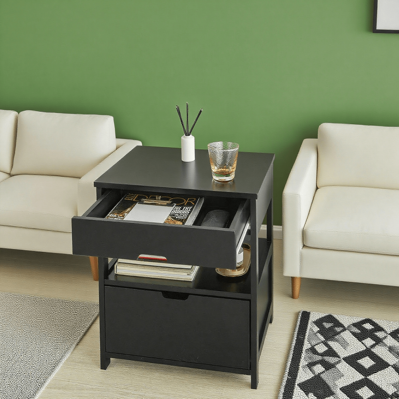 Image of 1-piece Nightstand With 2 Drawers And Shelf, Bedroom Nightstand - Furniture L45 X W38 X H55 - Gsh369-