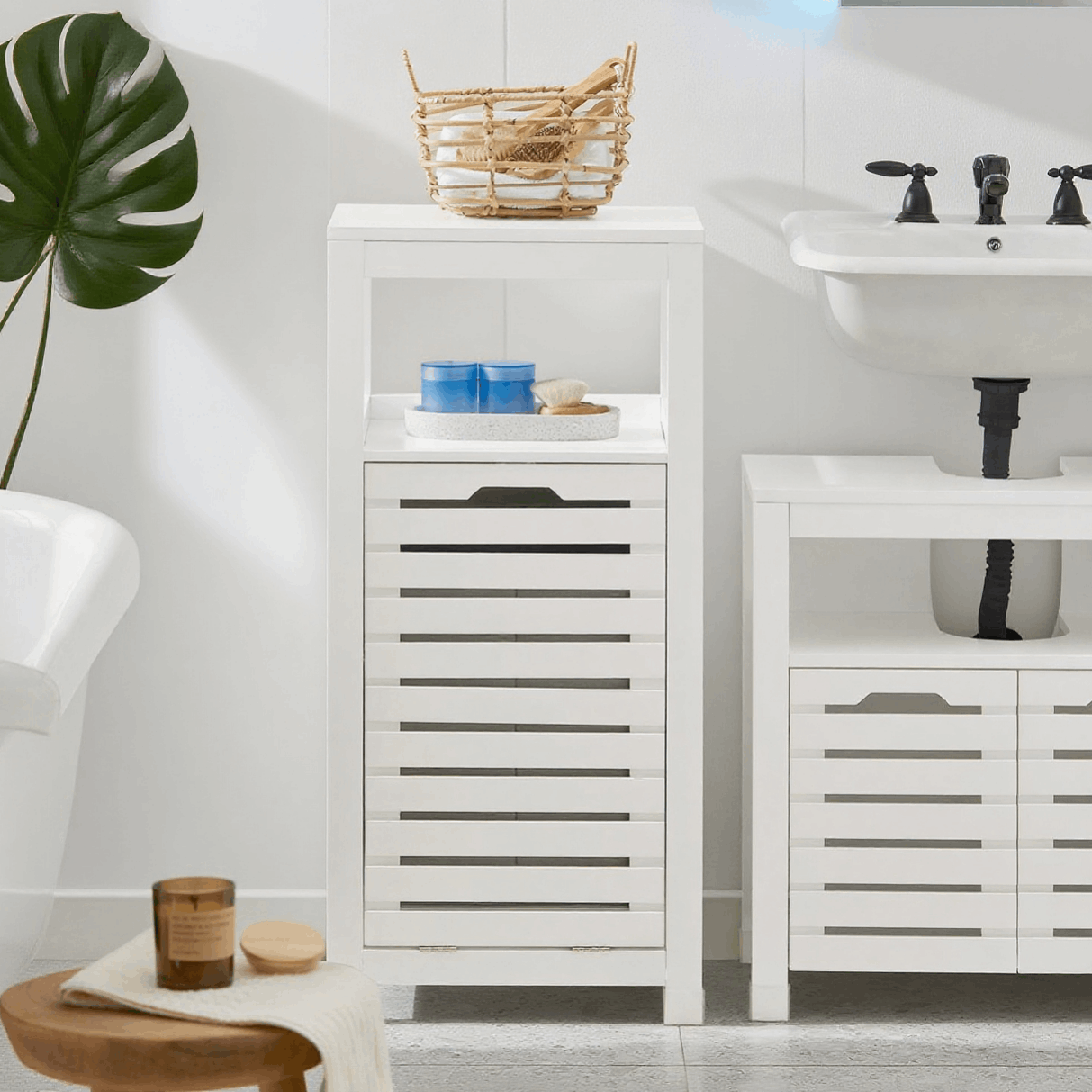 Image of 1-piece Low Bathroom Cabinet, Toilet Storage Unit With 1 Swinging Laundry Basket, Storage Furniture, Laundry Hamper, , Laundry Door, 42x30x90cm - Cas78-x